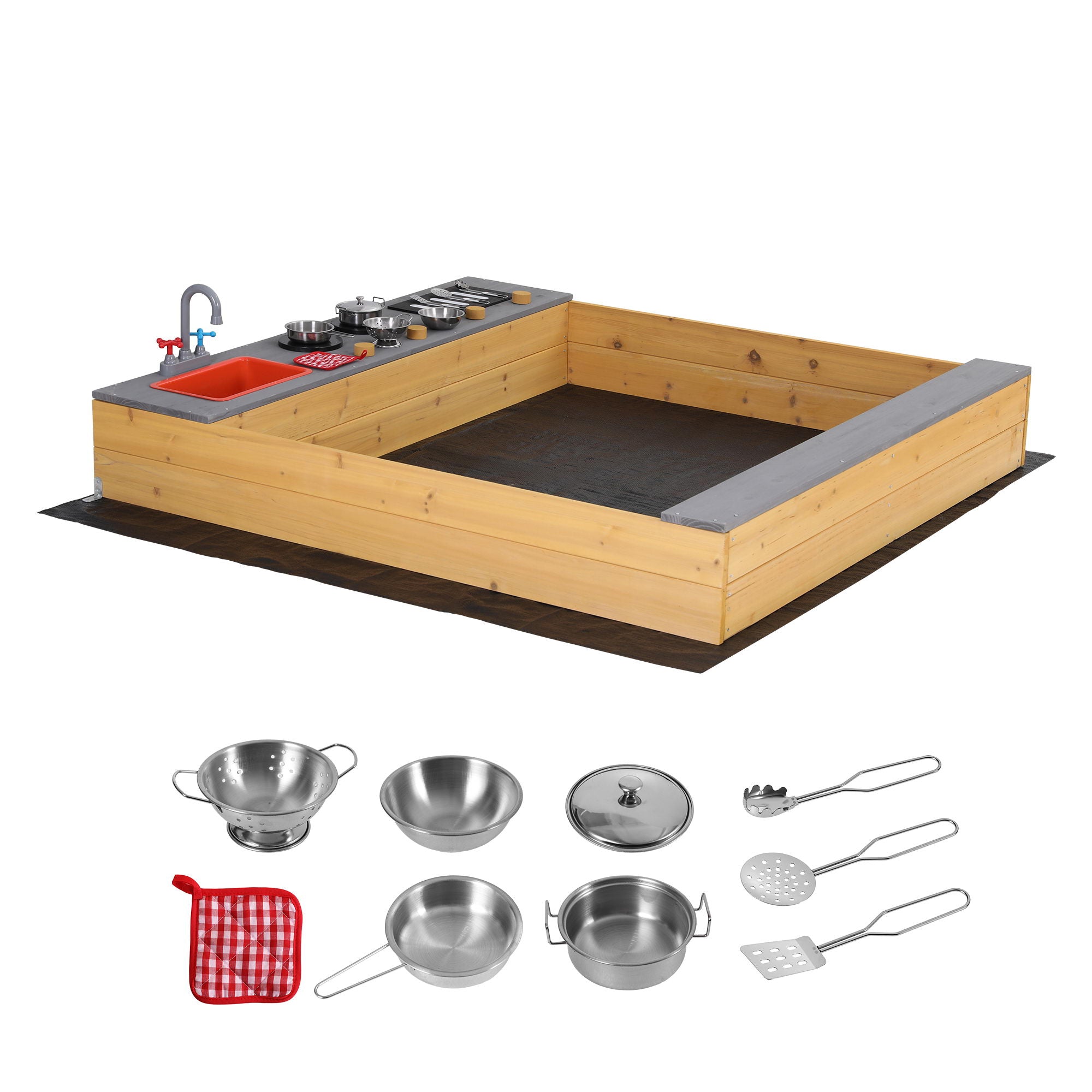 Keezi Wooden Sandpit Sand Pit Outdoor Kids Toy Box Mud Kitchen Sink Storage Bench