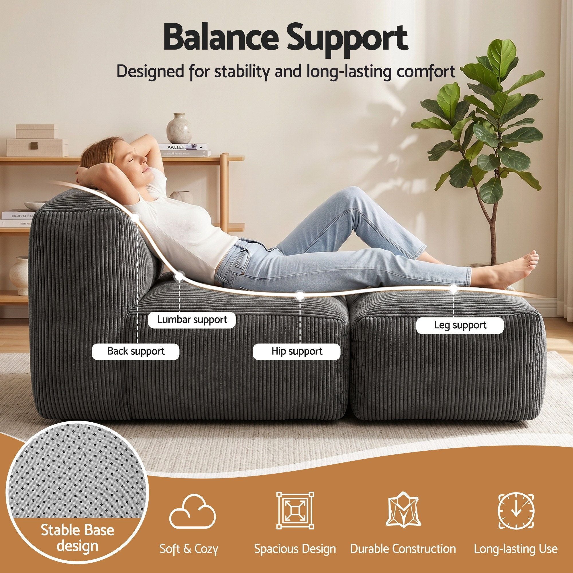 Artiss Foldable Bean Bag Sofa Bed Cloud Couch Boneless Floor Lounger Chair Grey