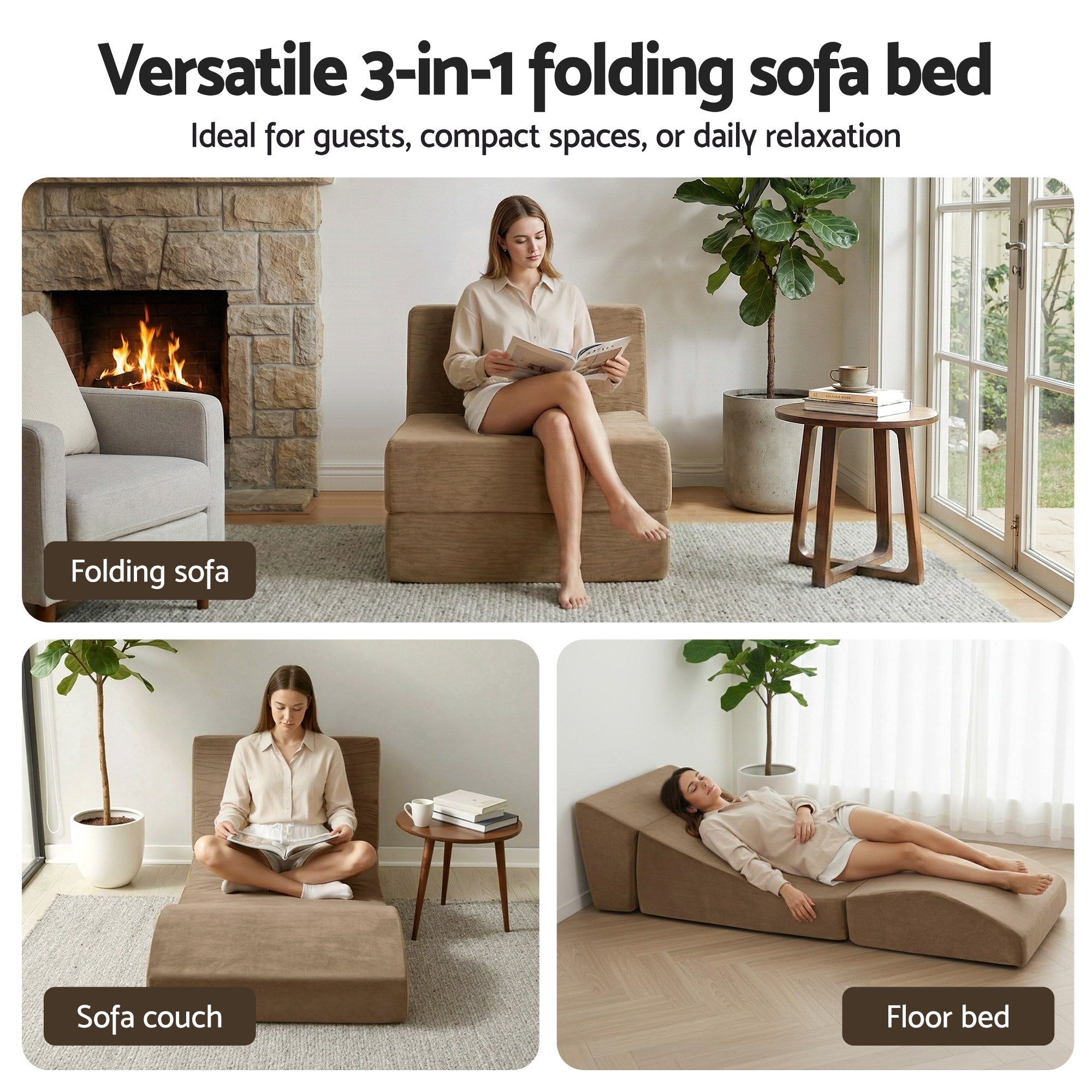Sofas & Sofa Beds: Artiss Folding Sofa Bed Convertible Armless Foam Floor Futon Lounger Couch Brown