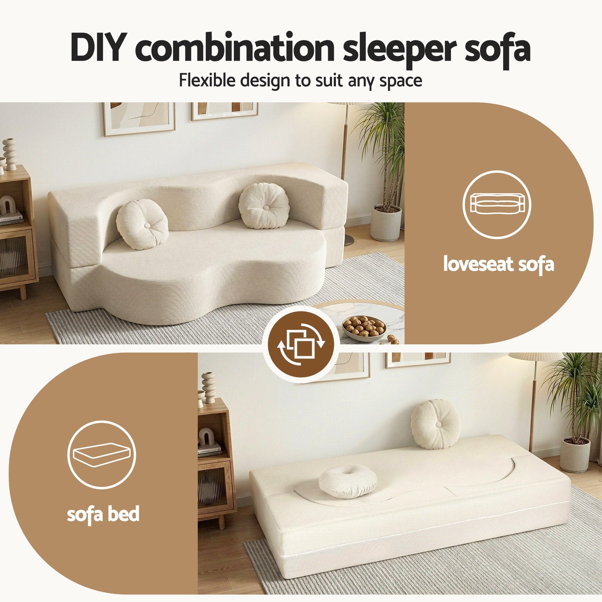 Sofas & Sofa Beds: Artiss Folding Sofa Bed Floor Couch 2-in-1 Convertible Futon Loveseat Beige