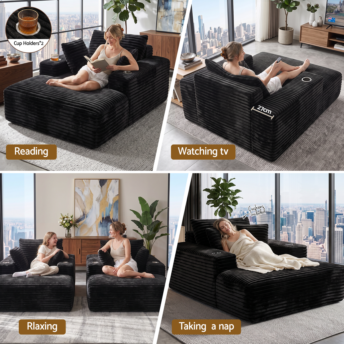 Artiss Sofa Bed Lounge Chair Sleeper Couch Chaise Single Seater Faux Fur Black