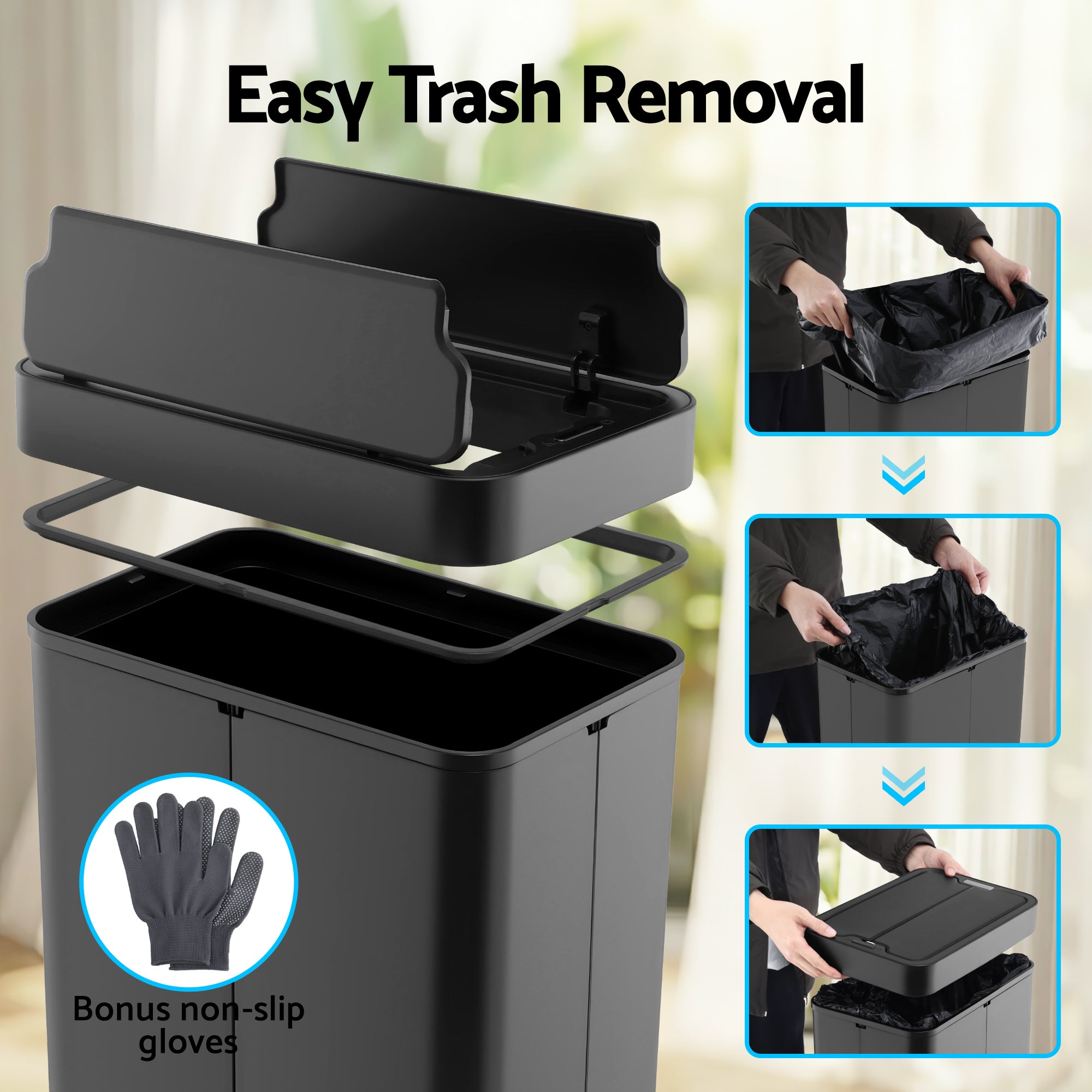 Automatic Bins: Devanti Rubbish Bin 70L Automatic Sensor Kitchen Bin, Slim Smart Garbage Can Touchless Rectangular with Liner Holder, Fully Closed Lid for Bedroom, Bathroom, Living Room, Black