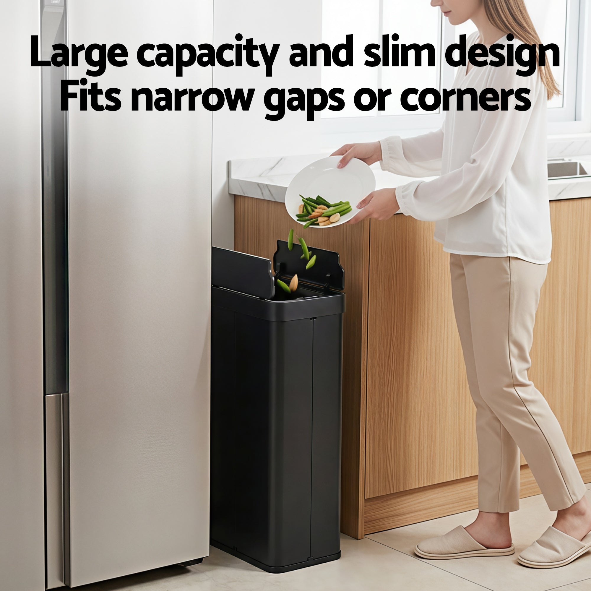 Automatic Bins: Devanti Rubbish Bin 70L Automatic Sensor Kitchen Bin, Slim Smart Garbage Can Touchless Rectangular with Liner Holder, Fully Closed Lid for Bedroom, Bathroom, Living Room, Black