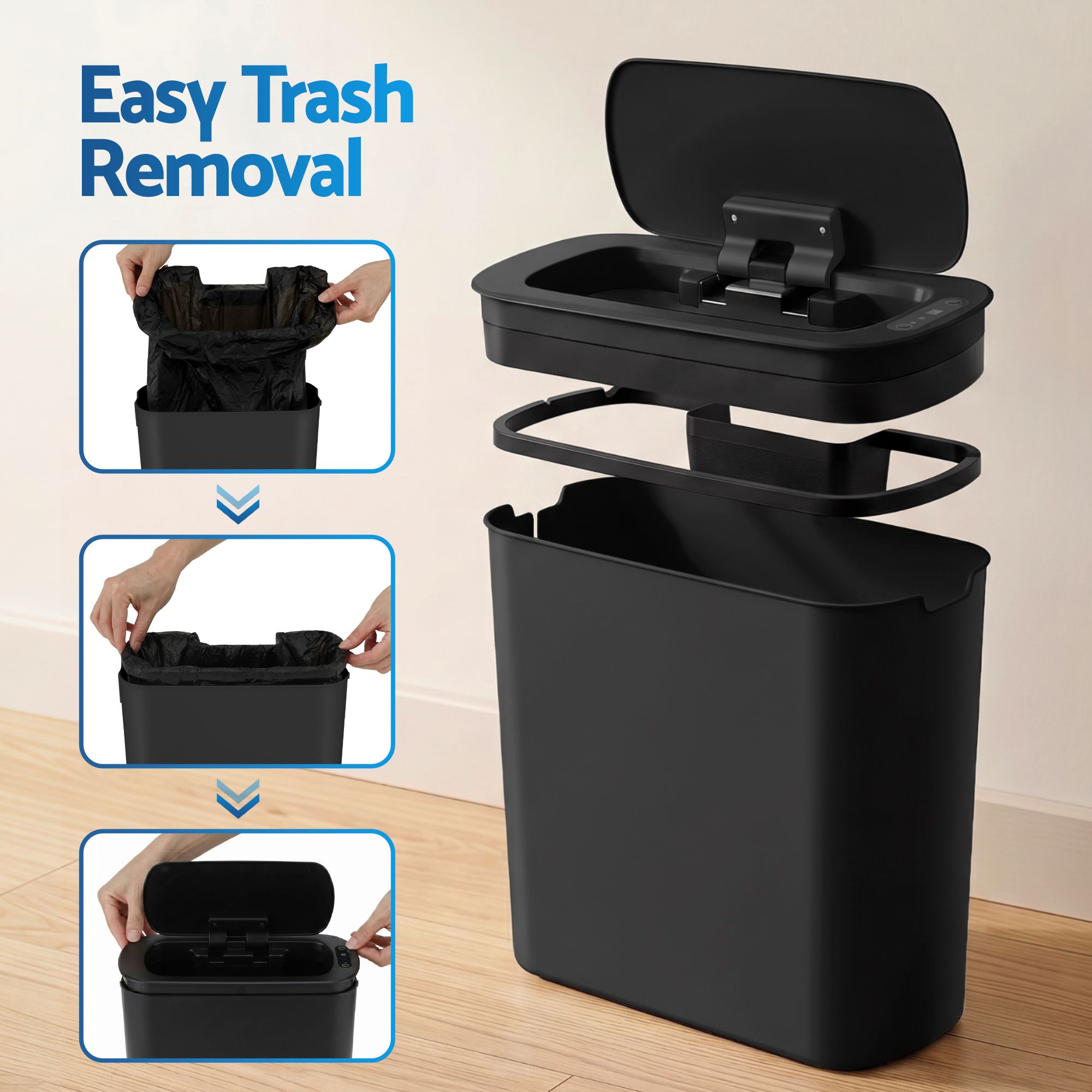 Devanti Automatic Trash Bin 2PCS with Lid 11L Motion Sensor Kitchen Bin Touchless Garbage Can Modern Black Plastic Slim Rubbish Bin with Liner Holder for Kitchen, Home, Office