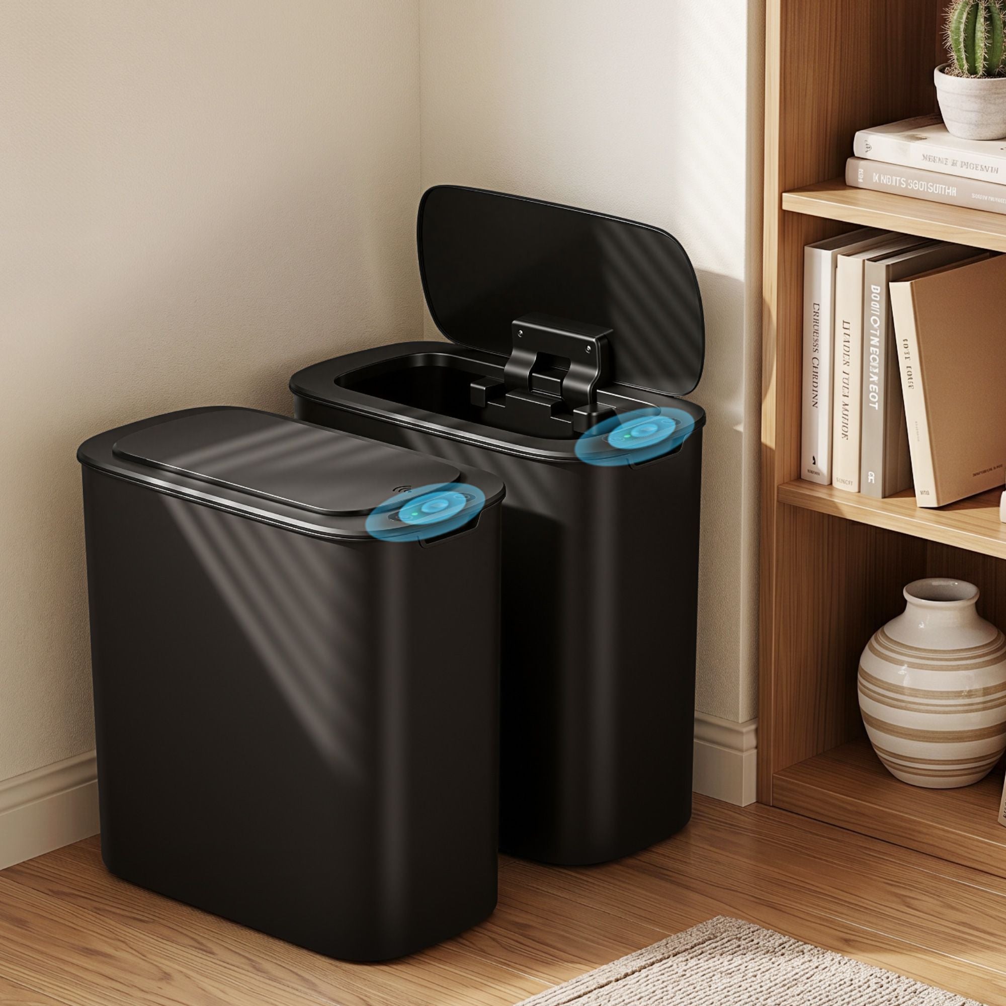 Devanti Automatic Trash Bin 2PCS with Lid 11L Motion Sensor Kitchen Bin Touchless Garbage Can Modern Black Plastic Slim Rubbish Bin with Liner Holder for Kitchen, Home, Office