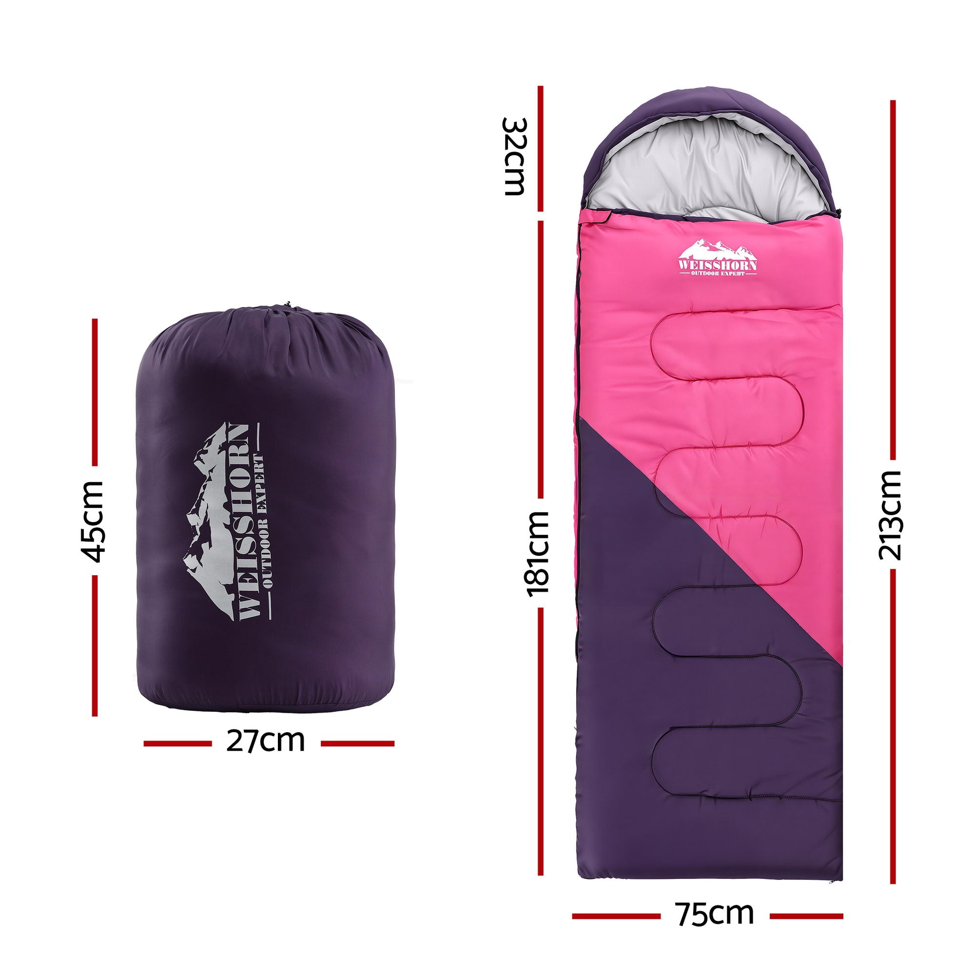 Sleeping Bags: Weisshorn Sleeping Bag Single 213cm Thermal Camping Hiking Pink