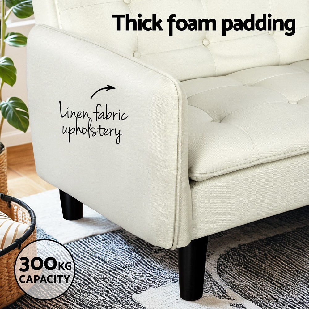 Sofas & Sofa Beds: Artiss Sofa Bed 3 Seater Tufted Faux Linen Beige