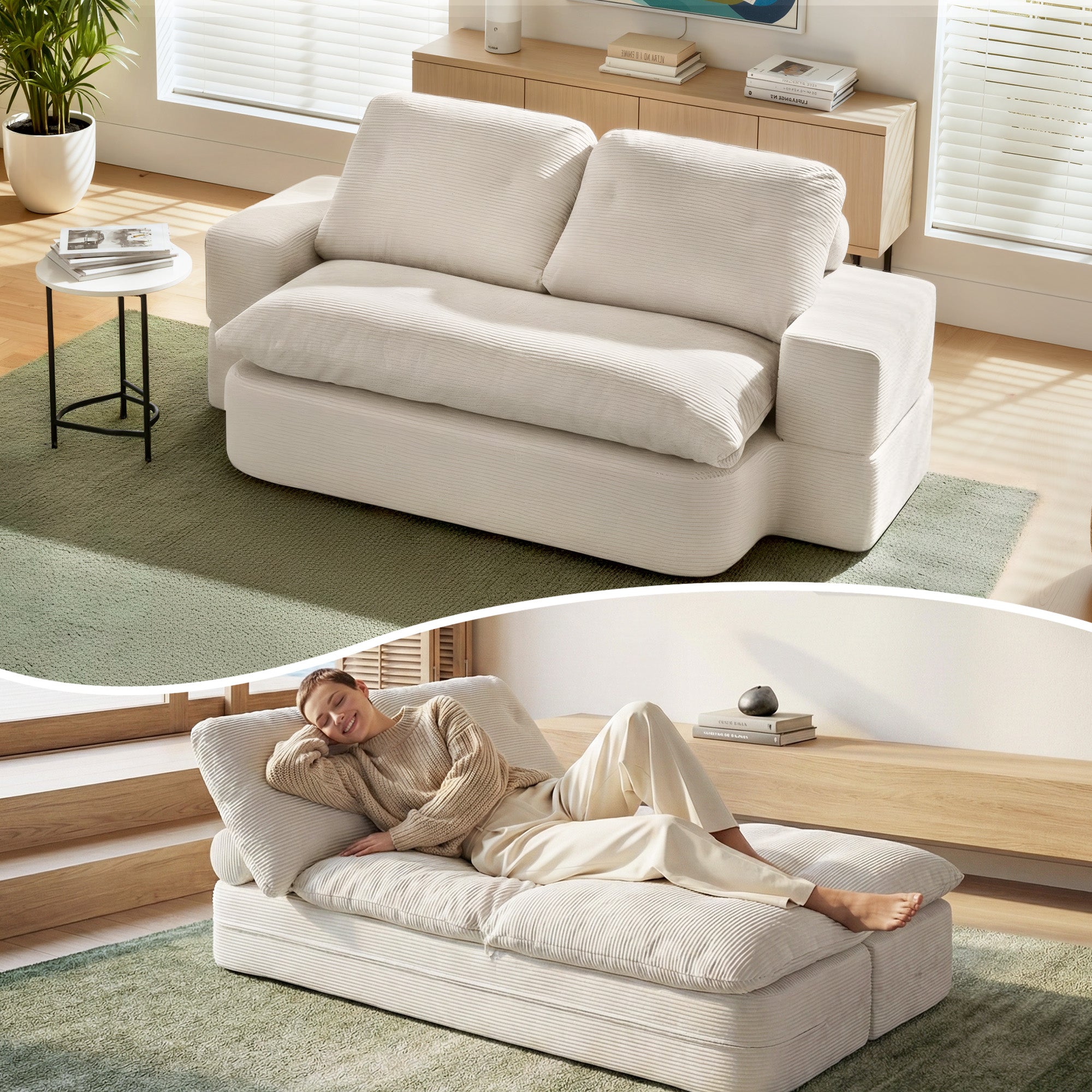 Sofas & Sofa Beds: Artiss Convertible Folding Sofa Bed 30D High-Density Foam Boneless Couch with Corduroy Sleeper Couch Lounger for Living Room Beign