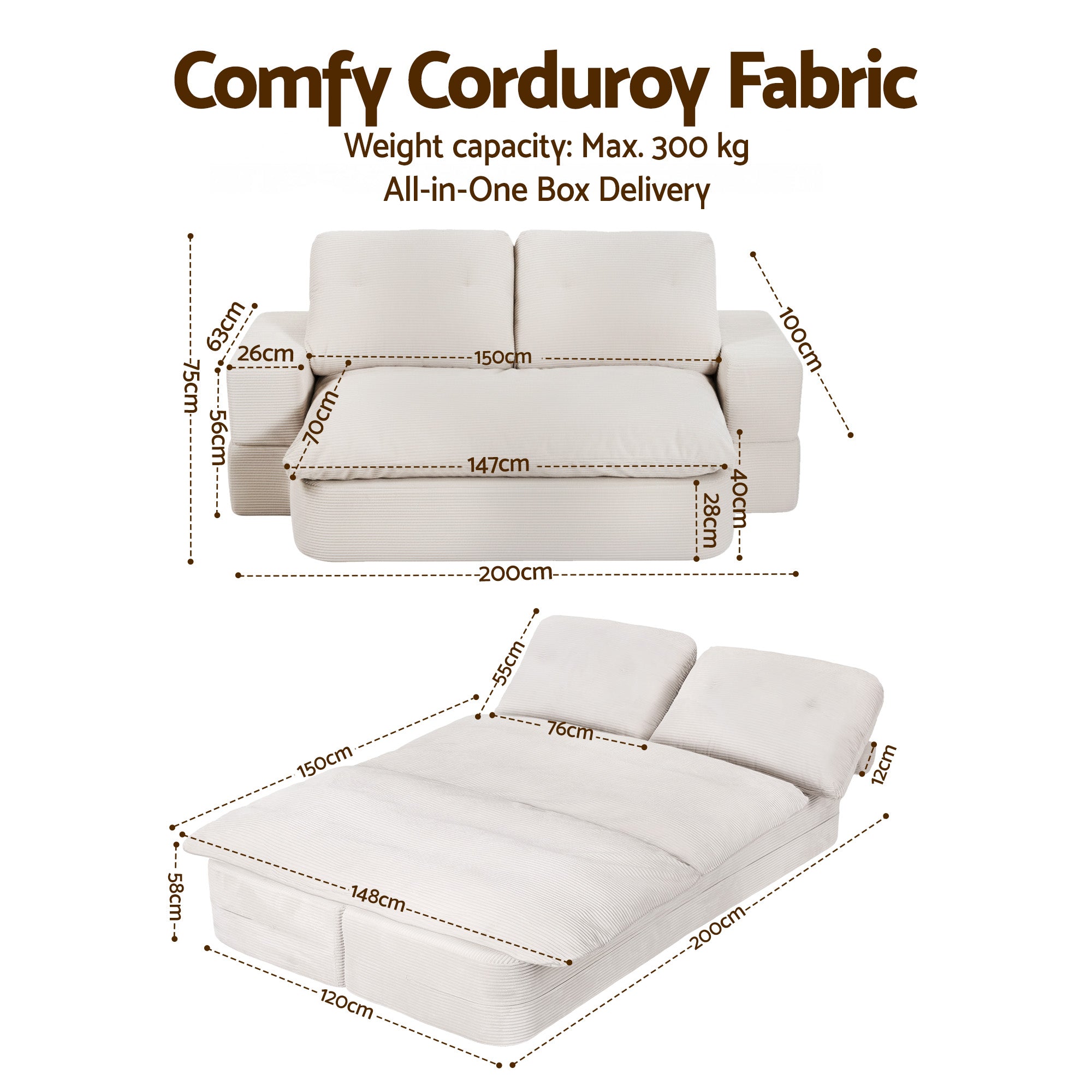 Sofas & Sofa Beds: Artiss Convertible Folding Sofa Bed 30D High-Density Foam Boneless Couch with Corduroy Sleeper Couch Lounger for Living Room Beign