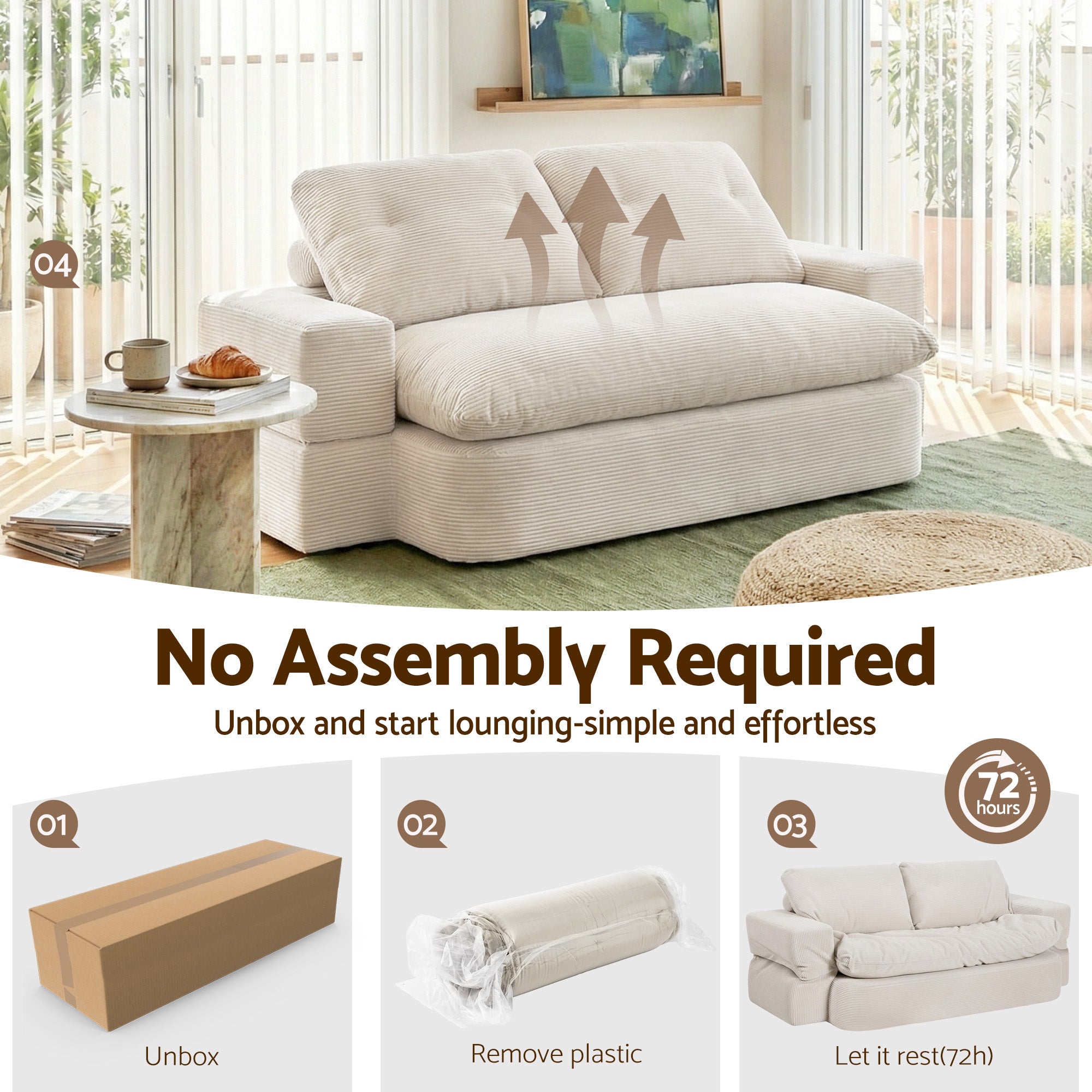 Sofas & Sofa Beds: Artiss Convertible Folding Sofa Bed 30D High-Density Foam Boneless Couch with Corduroy Sleeper Couch Lounger for Living Room Beign