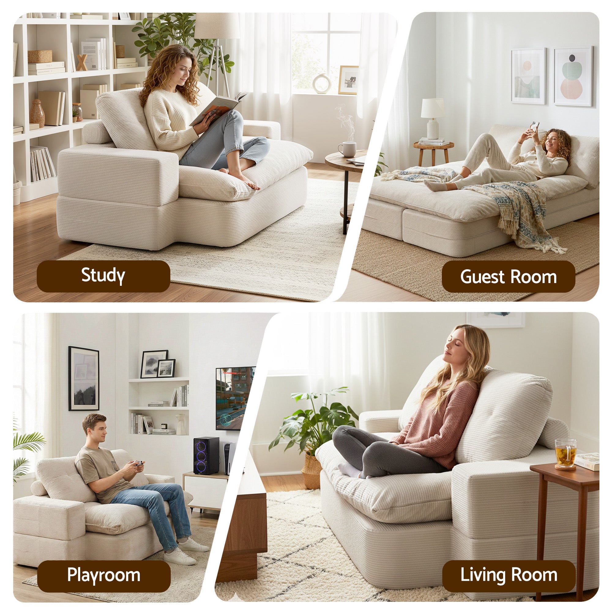 Sofas & Sofa Beds: Artiss Convertible Folding Sofa Bed 30D High-Density Foam Boneless Couch with Corduroy Sleeper Couch Lounger for Living Room Beign