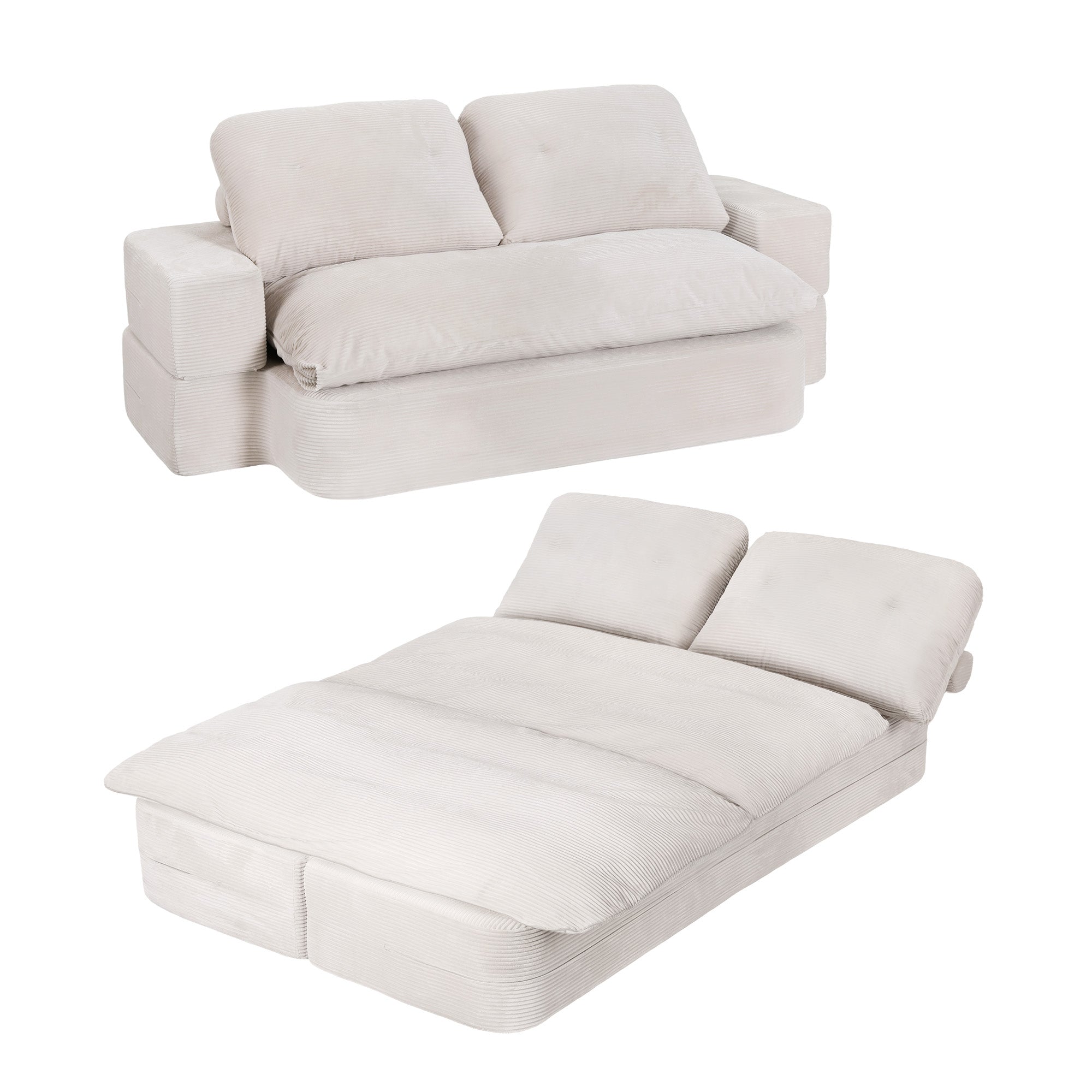 Sofas & Sofa Beds: Artiss Convertible Folding Sofa Bed 30D High-Density Foam Boneless Couch with Corduroy Sleeper Couch Lounger for Living Room Beign