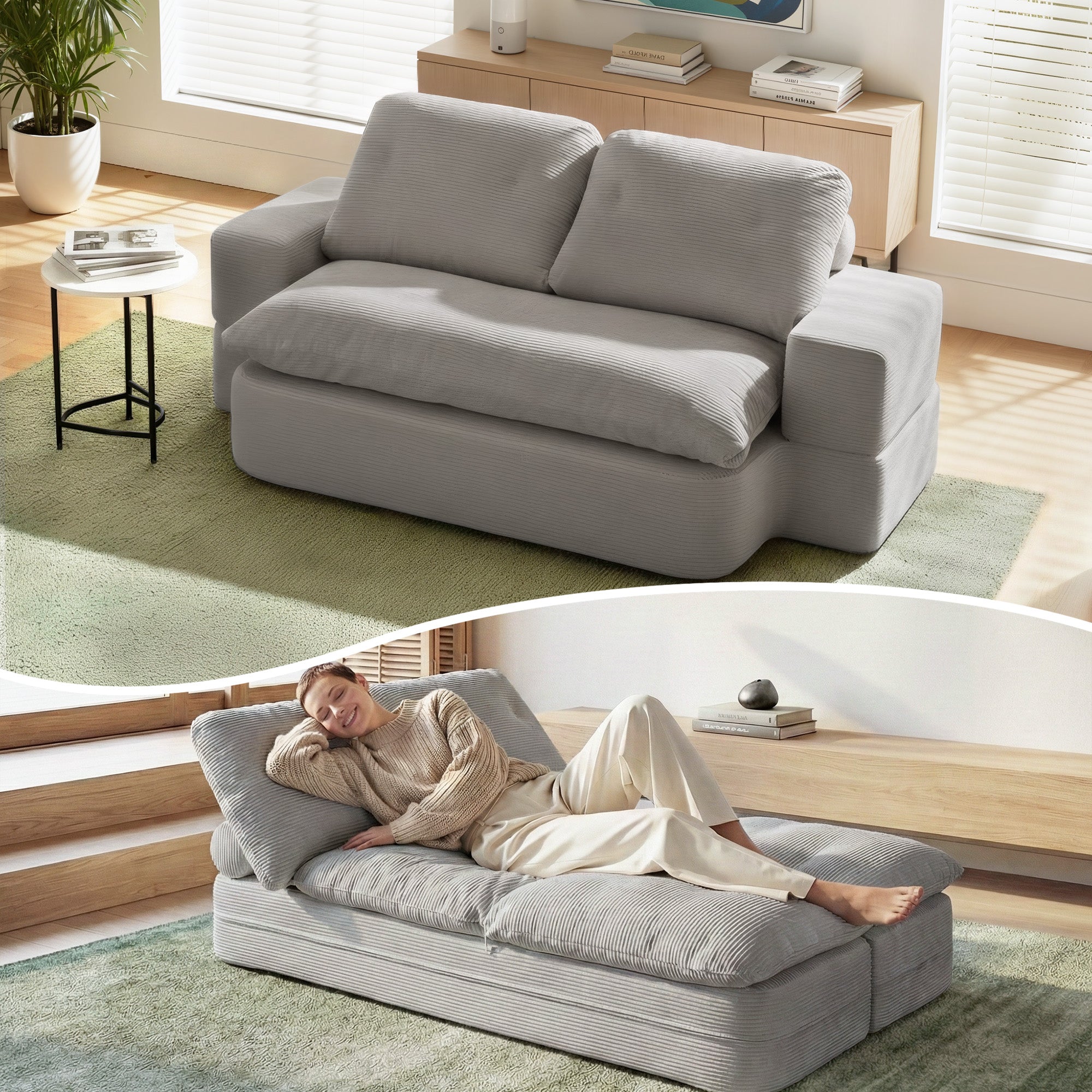 Sofas & Sofa Beds: Artiss Convertible Folding Sofa Bed 30D High-Density Foam Boneless Couch with Corduroy Sleeper Couch Lounger for Living Room Grey