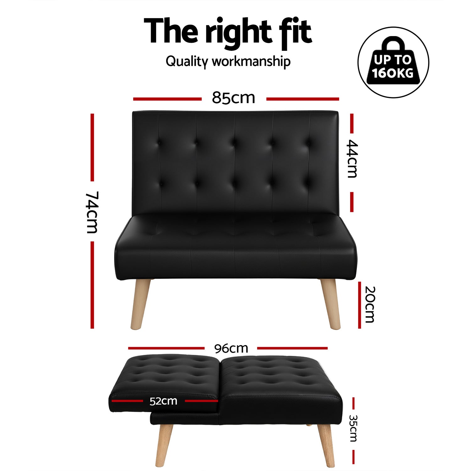 Sofas & Sofa Beds: Artiss Sofa Bed Couch 1 Seater Lounge Fabric Black