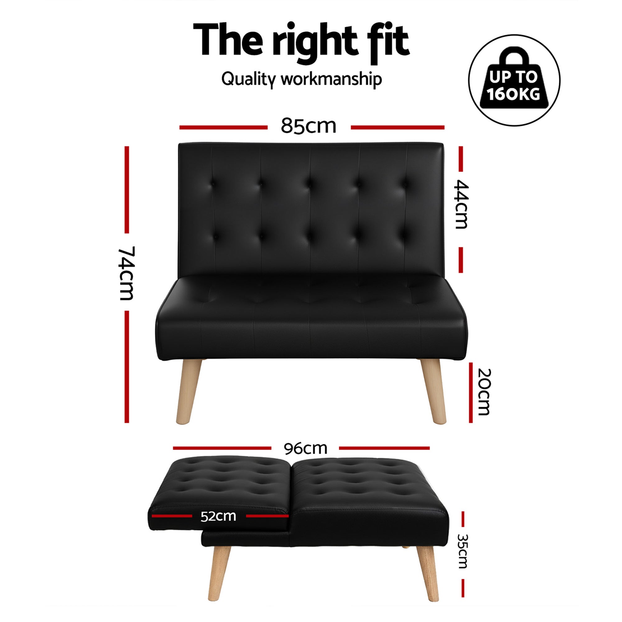 Sofas & Sofa Beds: Artiss Sofa Bed Couch 2 Seater Lounge Fabric Black