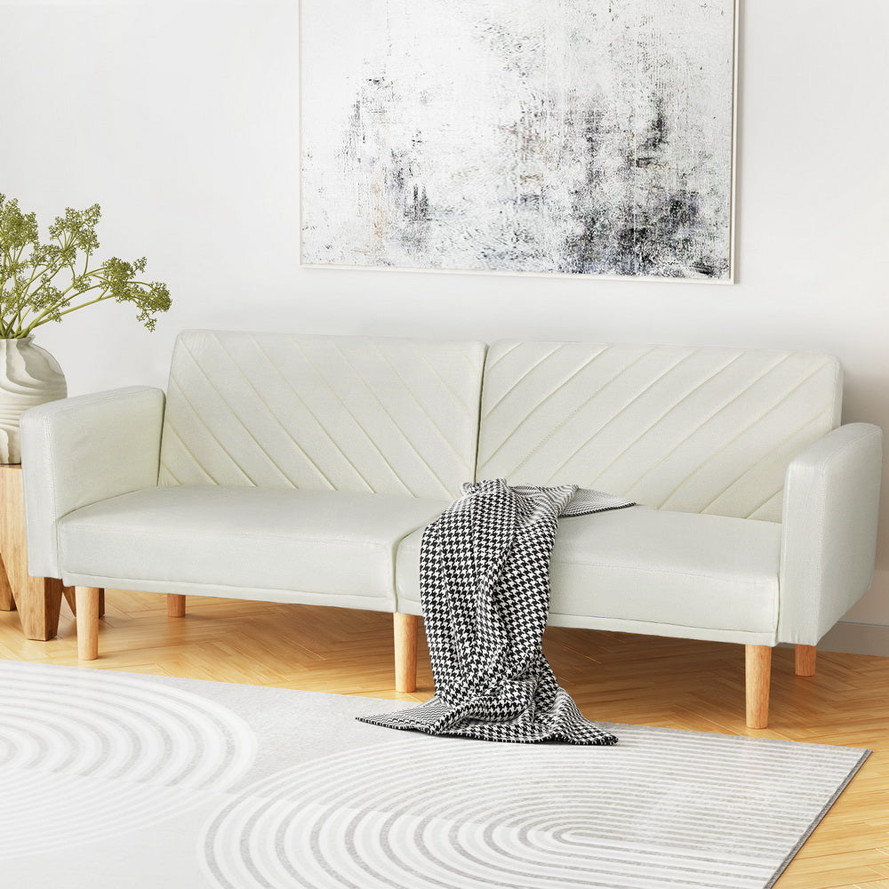 Sofas & Sofa Beds: Artiss Sofa Bed Convertible Lounge 3 Seater Futon Couch Recliner Fabric Beige