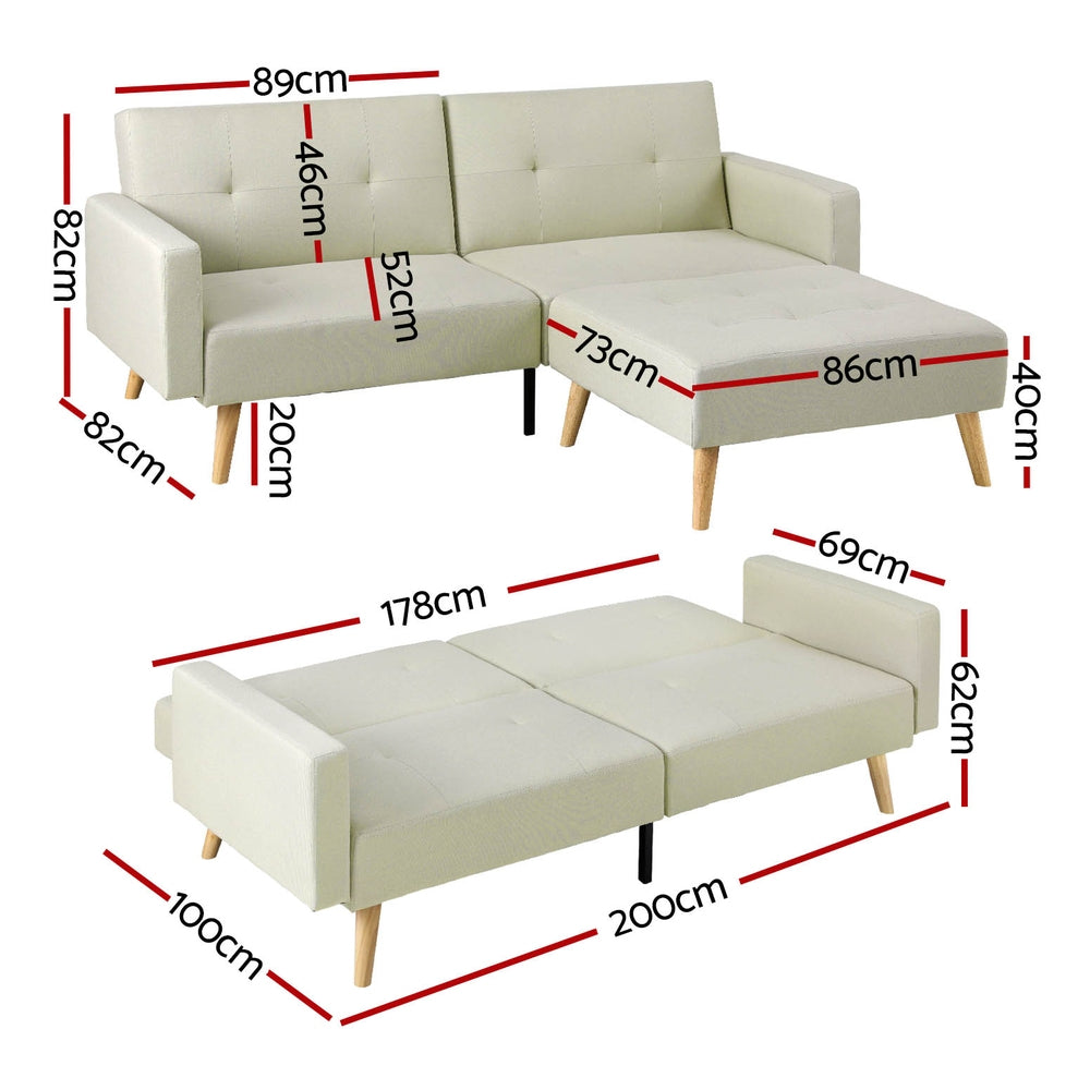 Sofas & Sofa Beds: Artiss Sofa Bed Lounge Convertible Ottoman Couch Recliner 3 Seater Fabric Beige