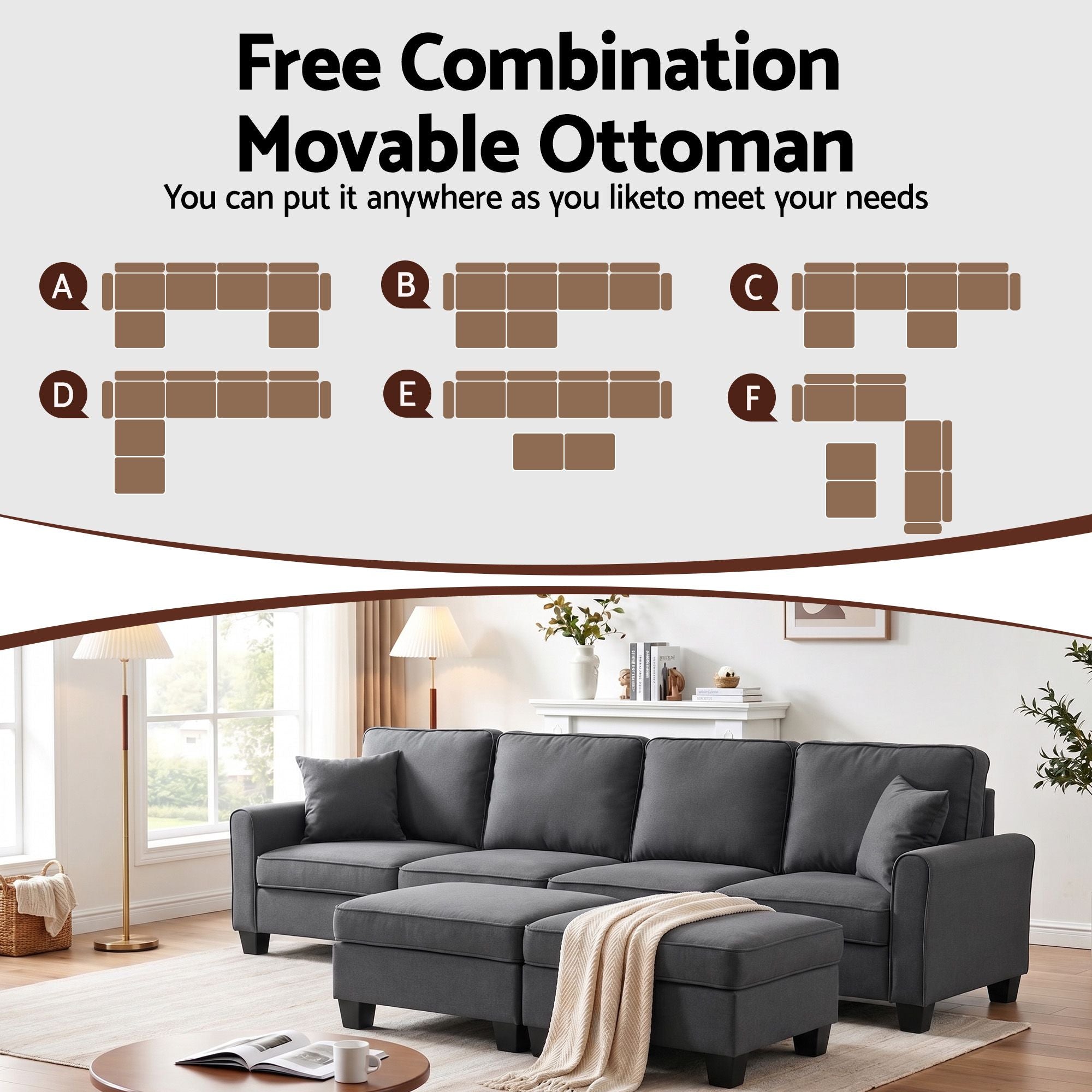 Artiss Modular Sectional U Shaped Storage Sofa Couches for Living Room Grey