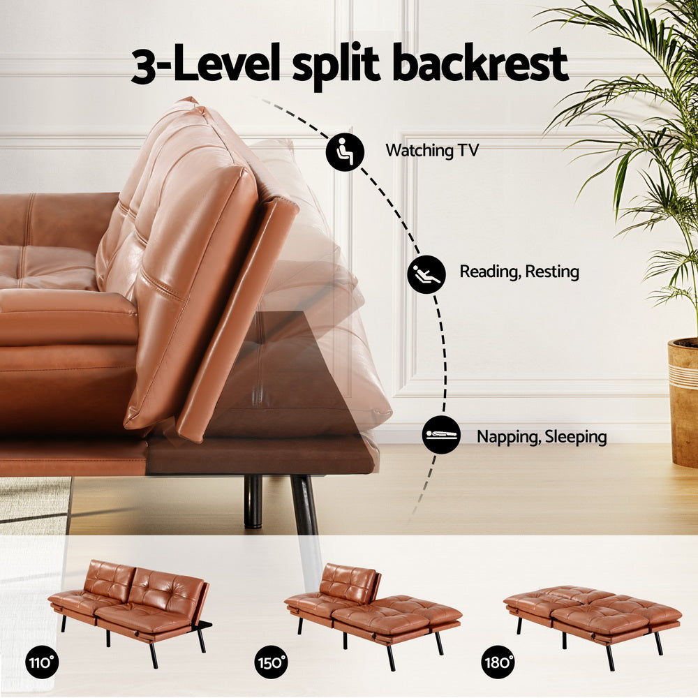 Sofas & Sofa Beds: Artiss Sofa Bed Convertible 3 Seater Couch Recliner Lounge Chair Leather Brown