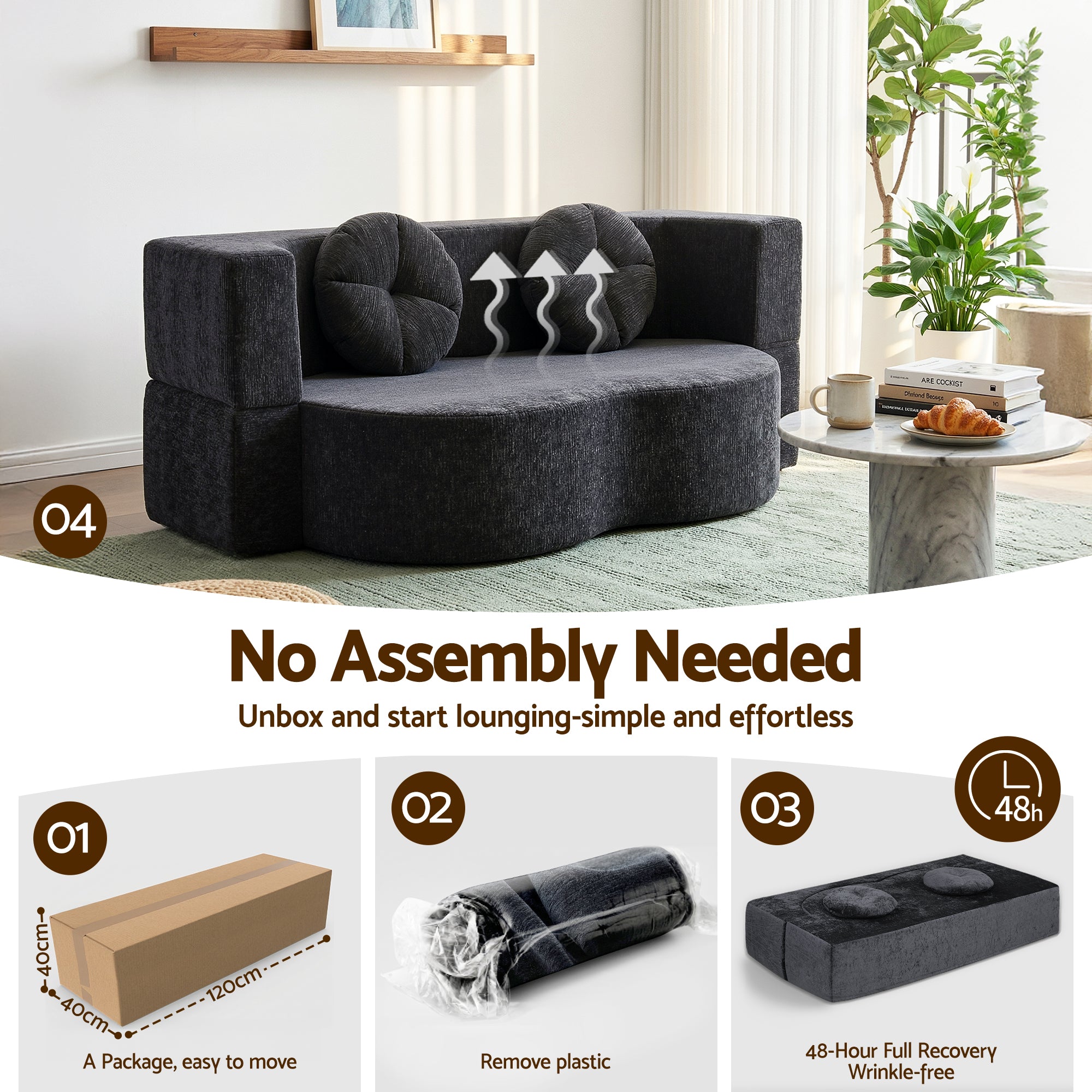 Artiss 2 in 1 Convertible Compressed Sofa Bed, Folding Boneless Sofabed for Living Room ,Comfort Curved Sleeper Couch with High Density Sponge, Apartment Essentials, No Assembly, 2 Pillows, Grey
