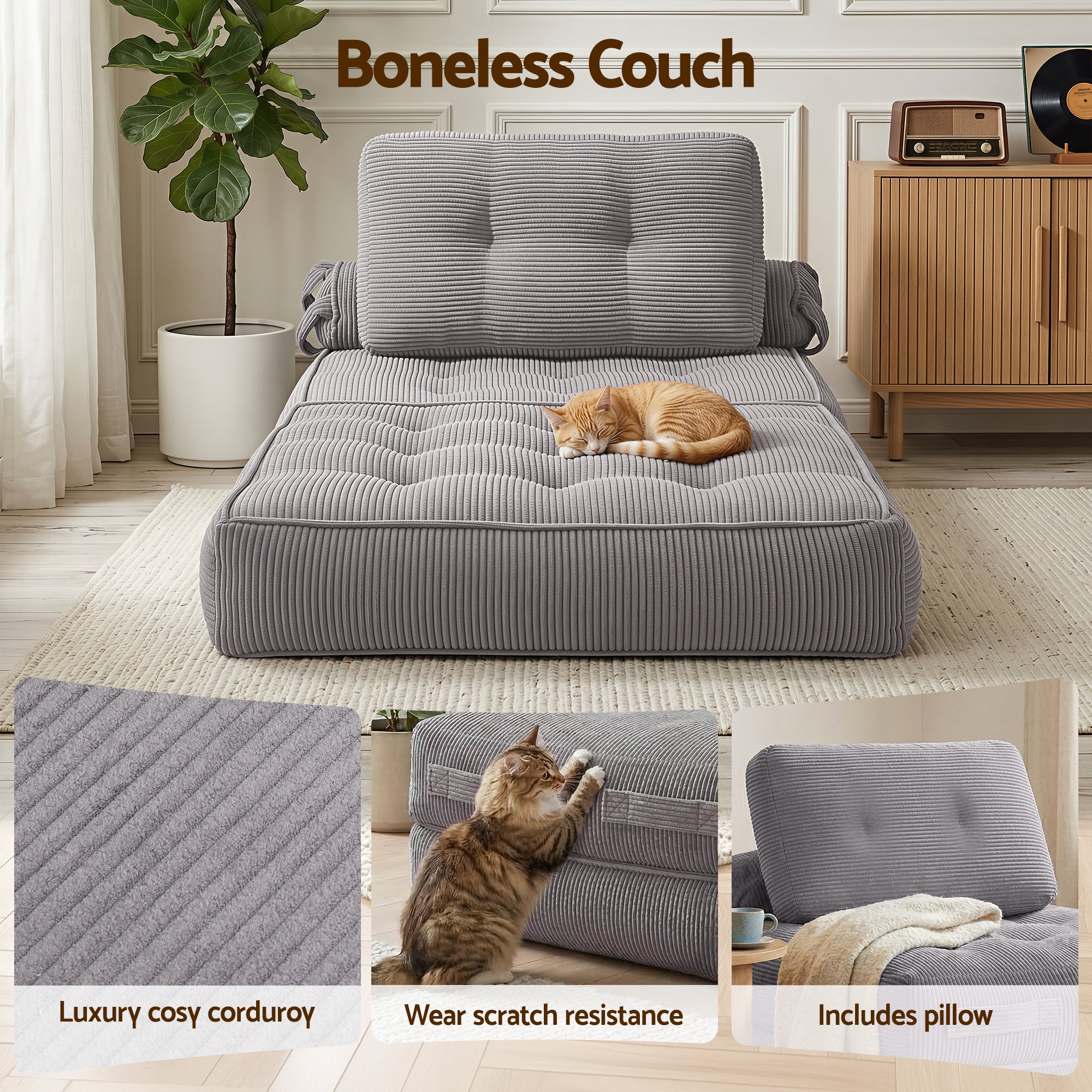 Artiss 1 Seater Corduroy Convertible Sofa Bed Pull Out Boneless Couch Grey