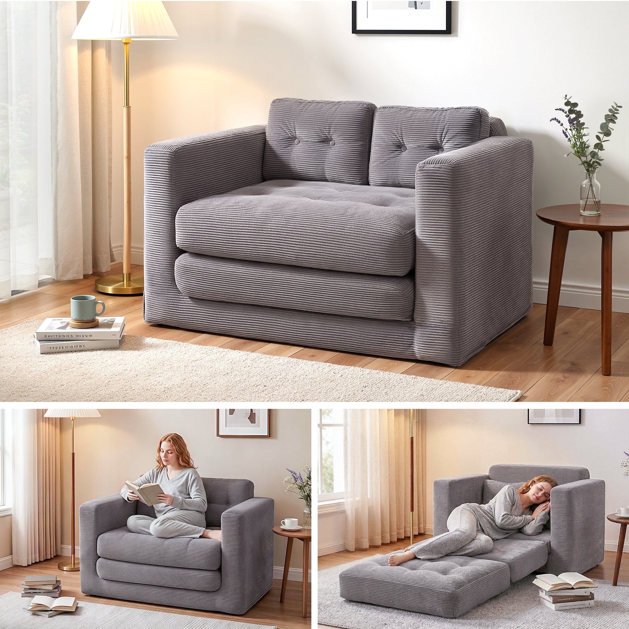 Artiss 2 Seater Corduroy Convertible Sofa Bed Pull Out Boneless Couch Grey