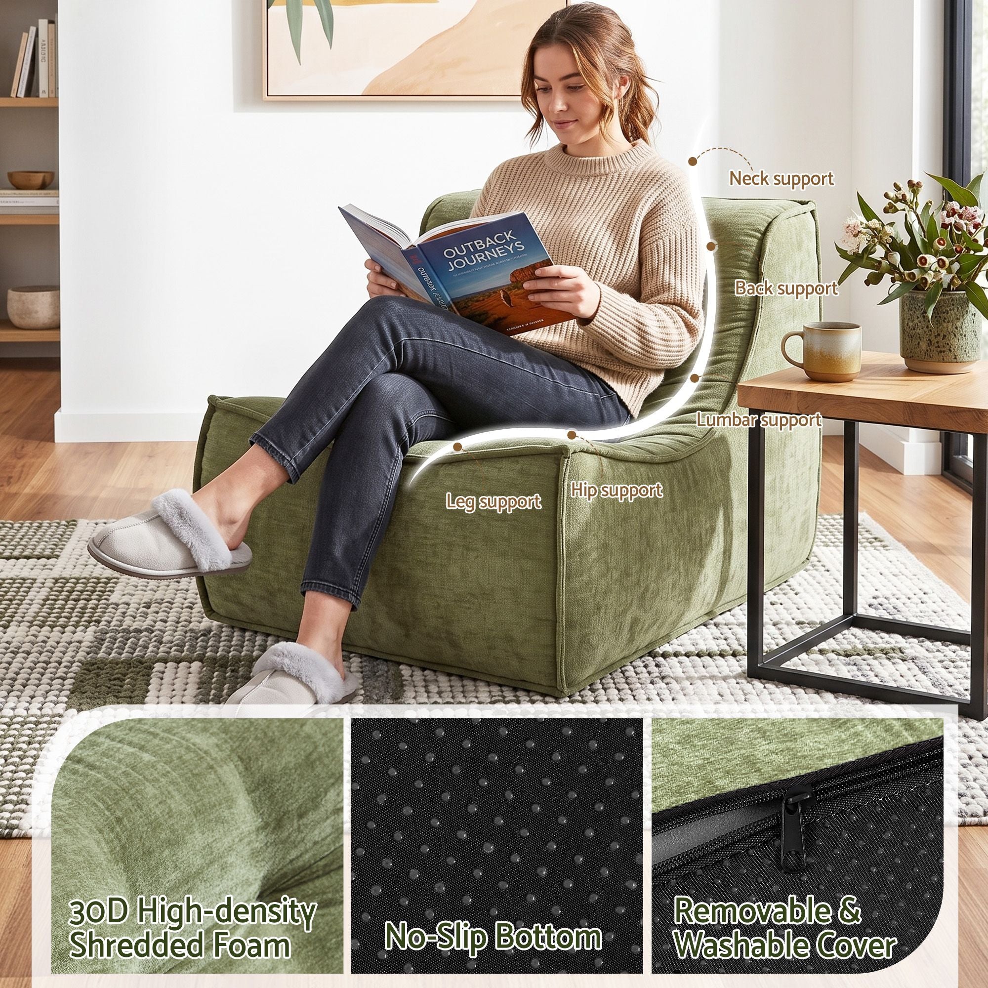 Artiss Floor Sofa Armless Chenille No Assembly Removable Cover Green