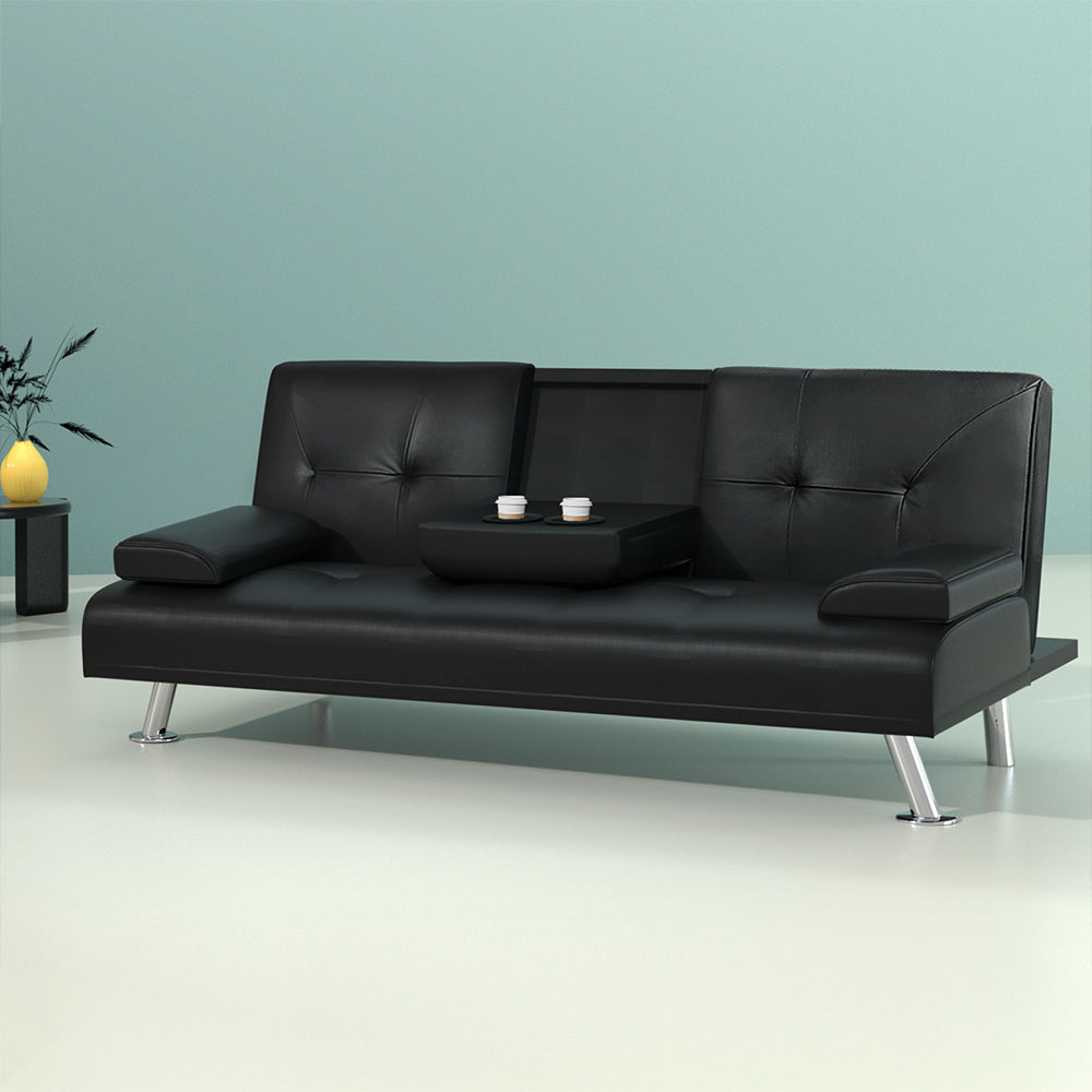 Sofas & Sofa Beds: Artiss Sofa Bed Lounge Convertible Leather Couch Bed 3 Seater Cupholder Recliner