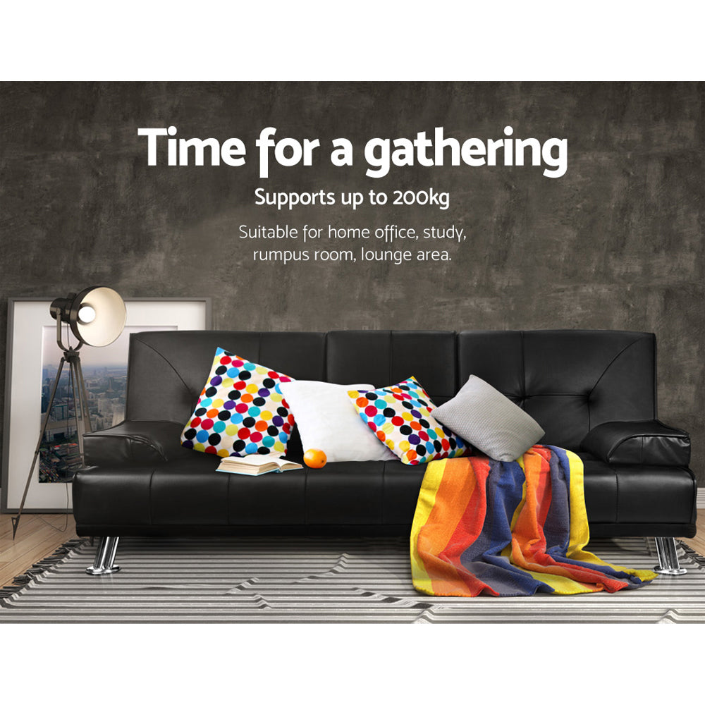 Sofas & Sofa Beds: Artiss Sofa Bed Lounge Convertible Leather Couch Bed 3 Seater Cupholder Recliner