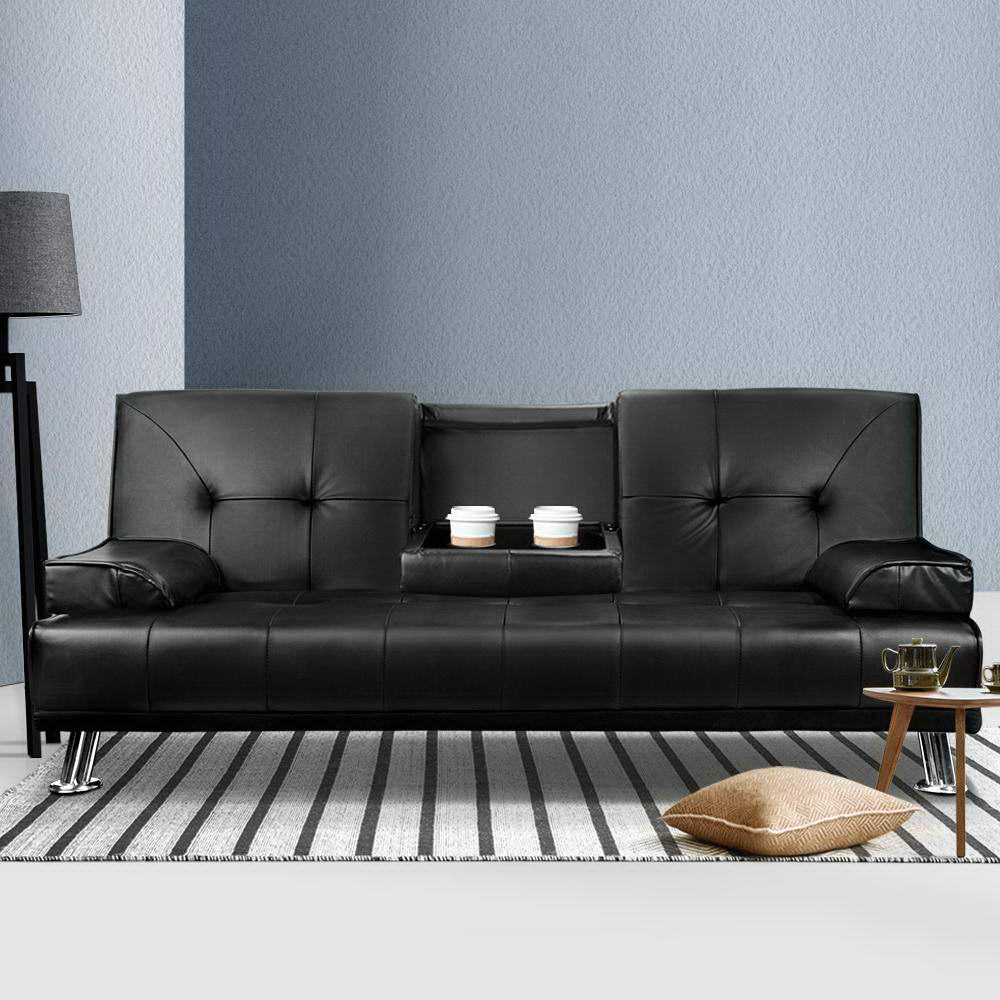 Sofas & Sofa Beds: Artiss Sofa Bed Lounge Convertible Leather Couch Bed 3 Seater Cupholder Recliner