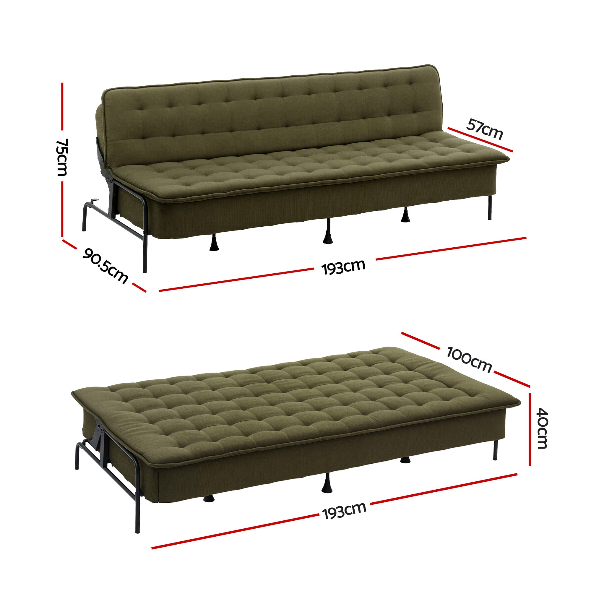 Artiss Sofa Bed, 1.9m 3-Seater Soft Innerspring Adjustable Couch Futon Chair for Apartment Dorm Living Room Office Study Bedroom, Green