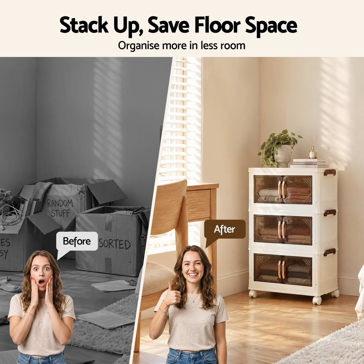 Artiss 3-Tier Foldable Storage Cabinet Stackable Box Clear Magnetic Door White
