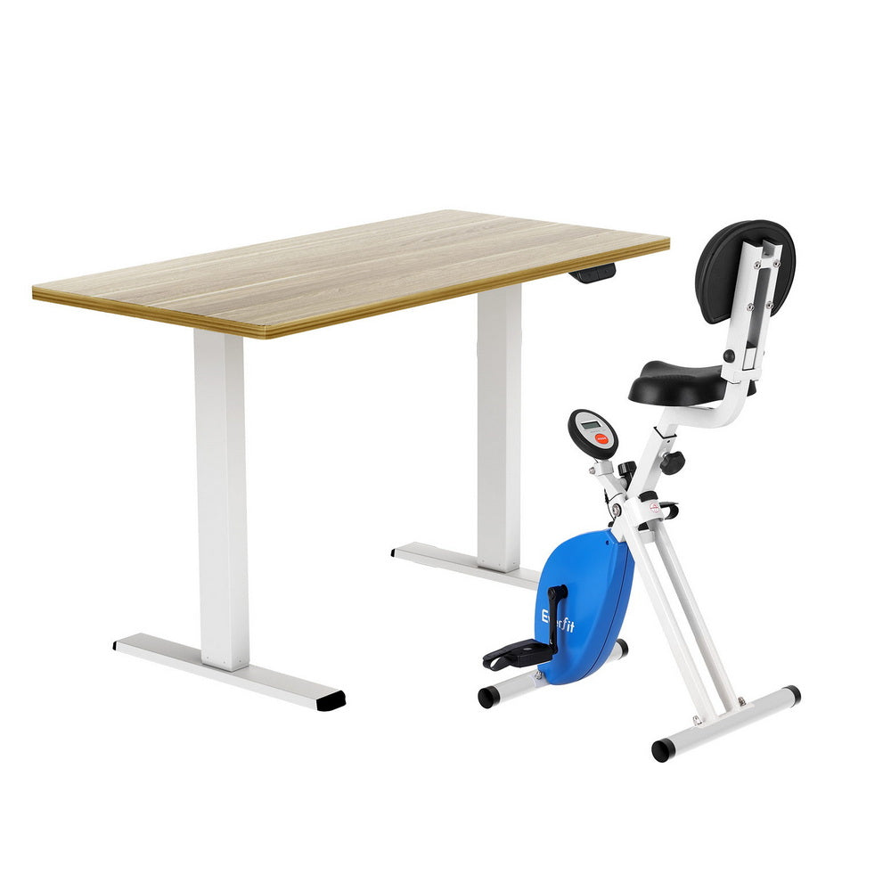 Desks: Artiss Under Desk Folding X-Bike with 140cm Automatic Standing Desk Magnetic Resistance Oak