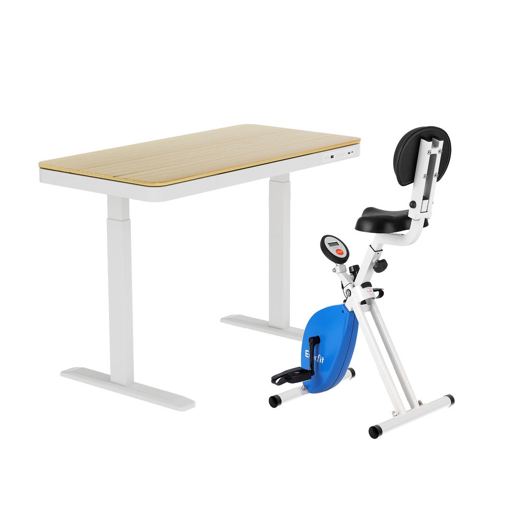 Desks: Artiss Under Desk Folding X-Bike with 120cm Automatic Standing Desk Magnetic Resistance Oak