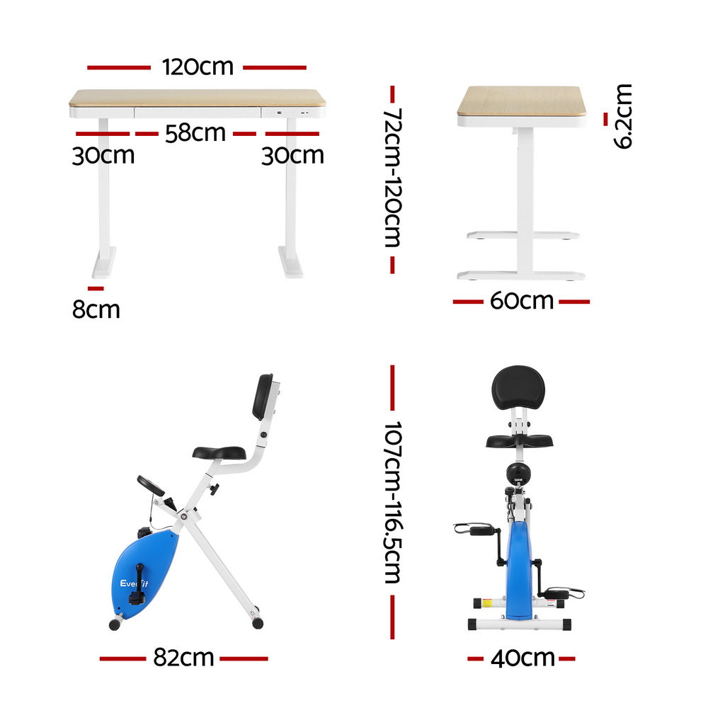 Desks: Artiss Under Desk Folding X-Bike with 120cm Automatic Standing Desk Magnetic Resistance Oak