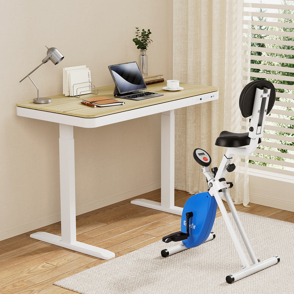 Desks: Artiss Under Desk Folding X-Bike with 120cm Automatic Standing Desk Magnetic Resistance Oak