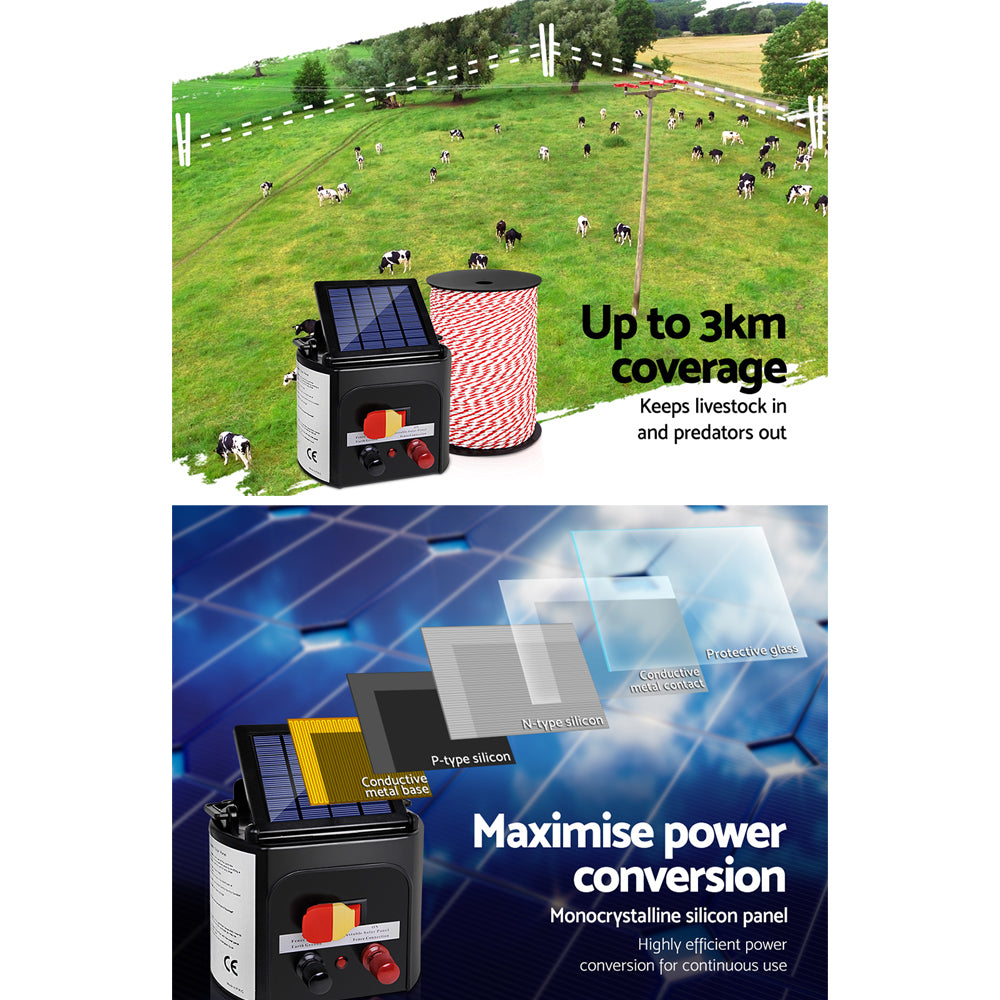 Fencing: Giantz Fence Energiser 3KM Solar Powered Electric 500M Poly Rope