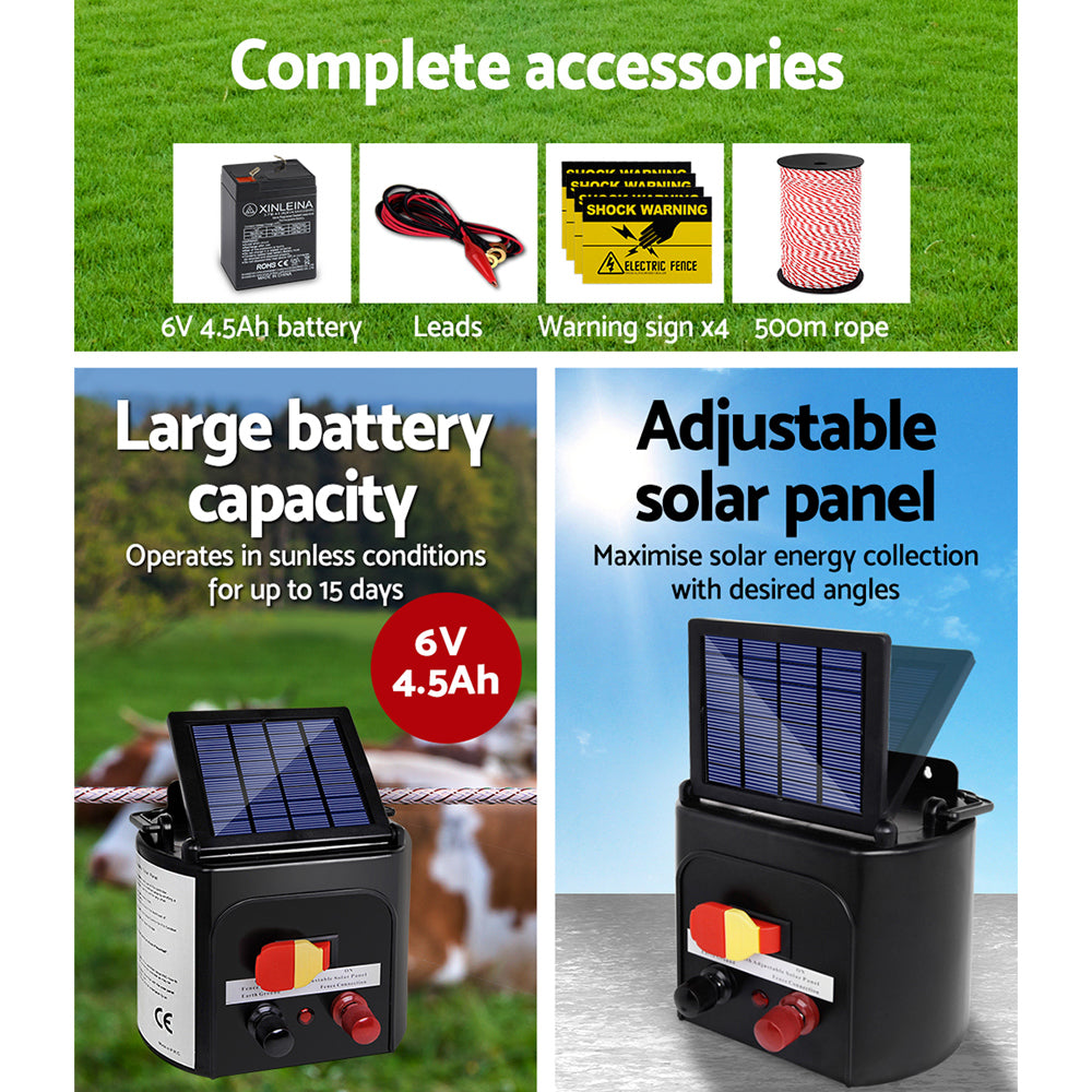 Fencing: Giantz Fence Energiser 3KM Solar Powered Electric 500M Poly Rope