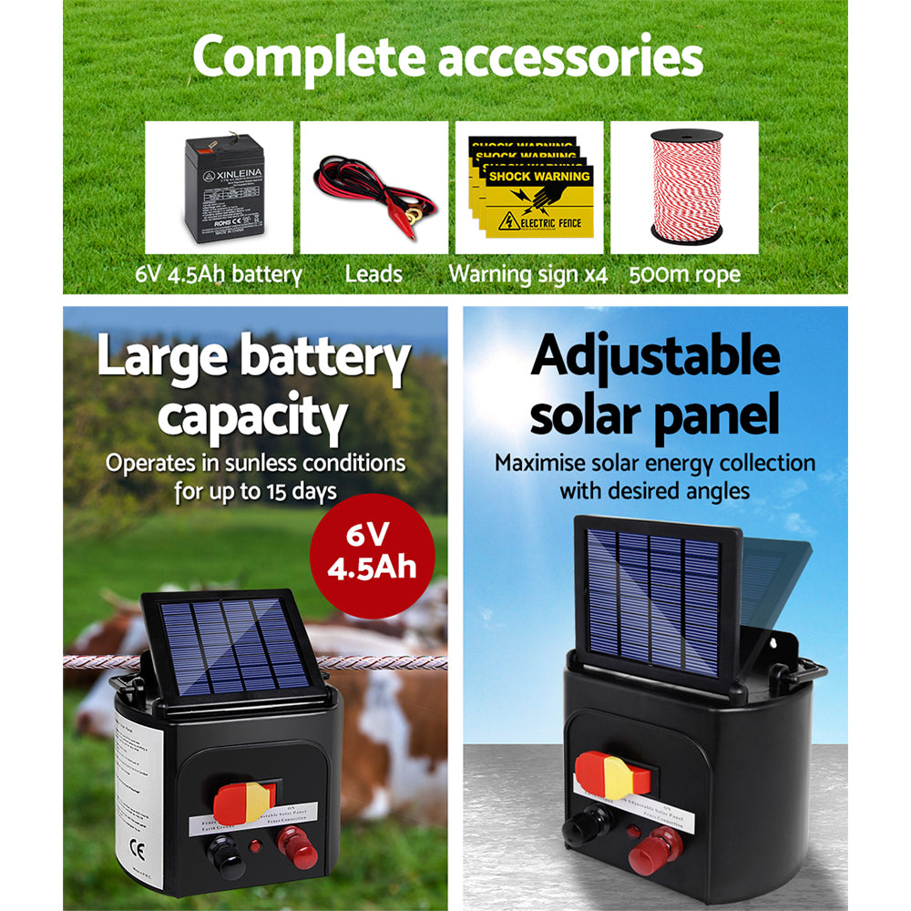 Fencing: Giantz Fence Energiser 5KM Solar Powered Electric 500M Poly Rope