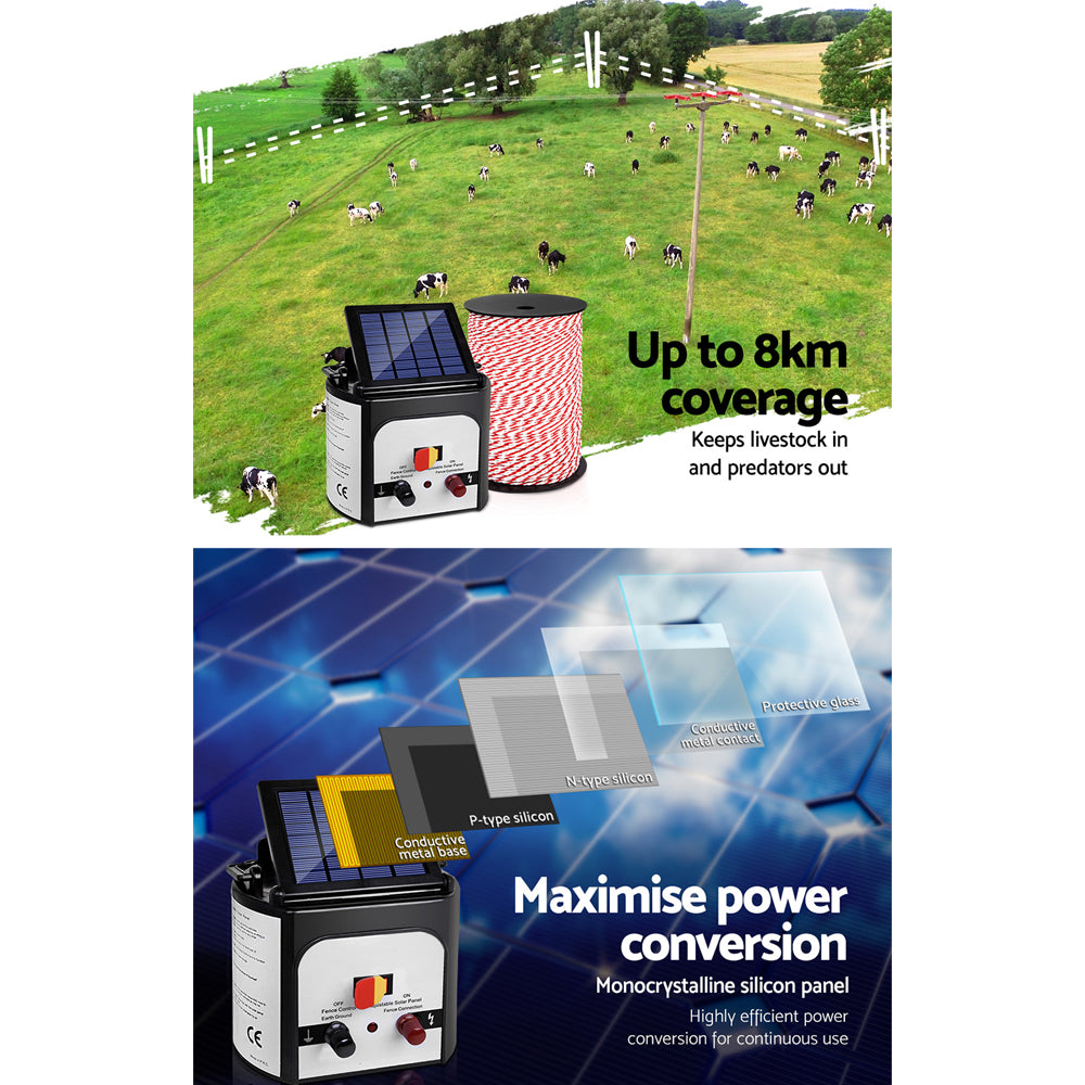 Fencing: Giantz Fence Energiser 8KM Solar Powered Electric 500M Poly Rope