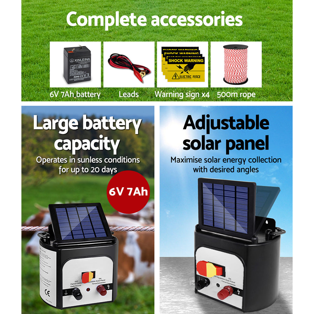 Fencing: Giantz Fence Energiser 8KM Solar Powered Electric 500M Poly Rope