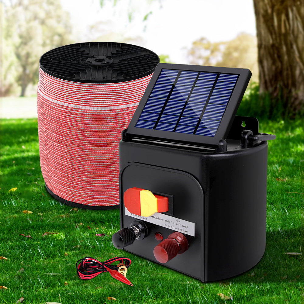Fencing: Giantz Fence Energiser 3KM Solar Powered Electric 1200M Poly Tape