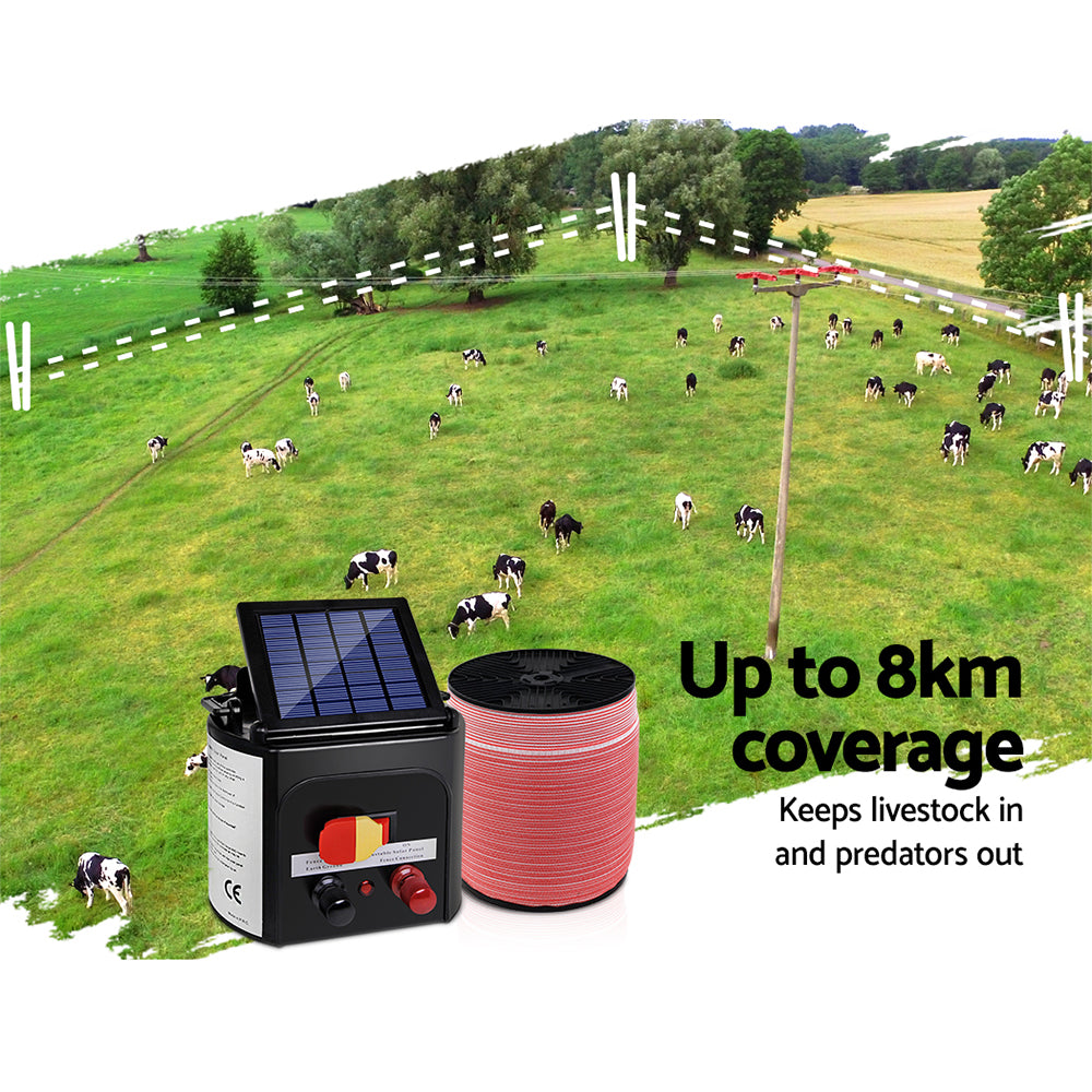 Fencing: Giantz Fence Energiser 8KM Solar Powered Electric 1200M Poly Tape