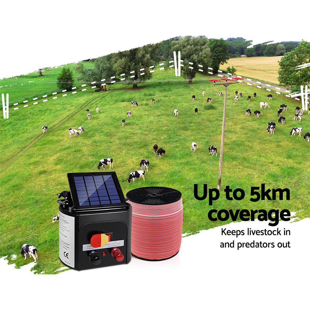 Fencing: Giantz Fence Energiser 5KM Solar Powered Electric 2000M Poly Tape