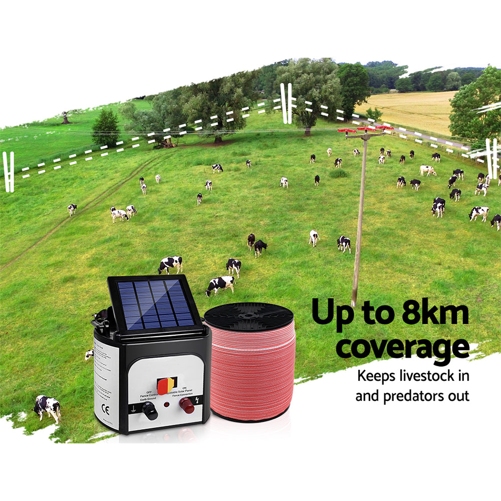 Fencing: Giantz Fence Energiser 8KM Solar Powered Electric 2000M Poly Tape