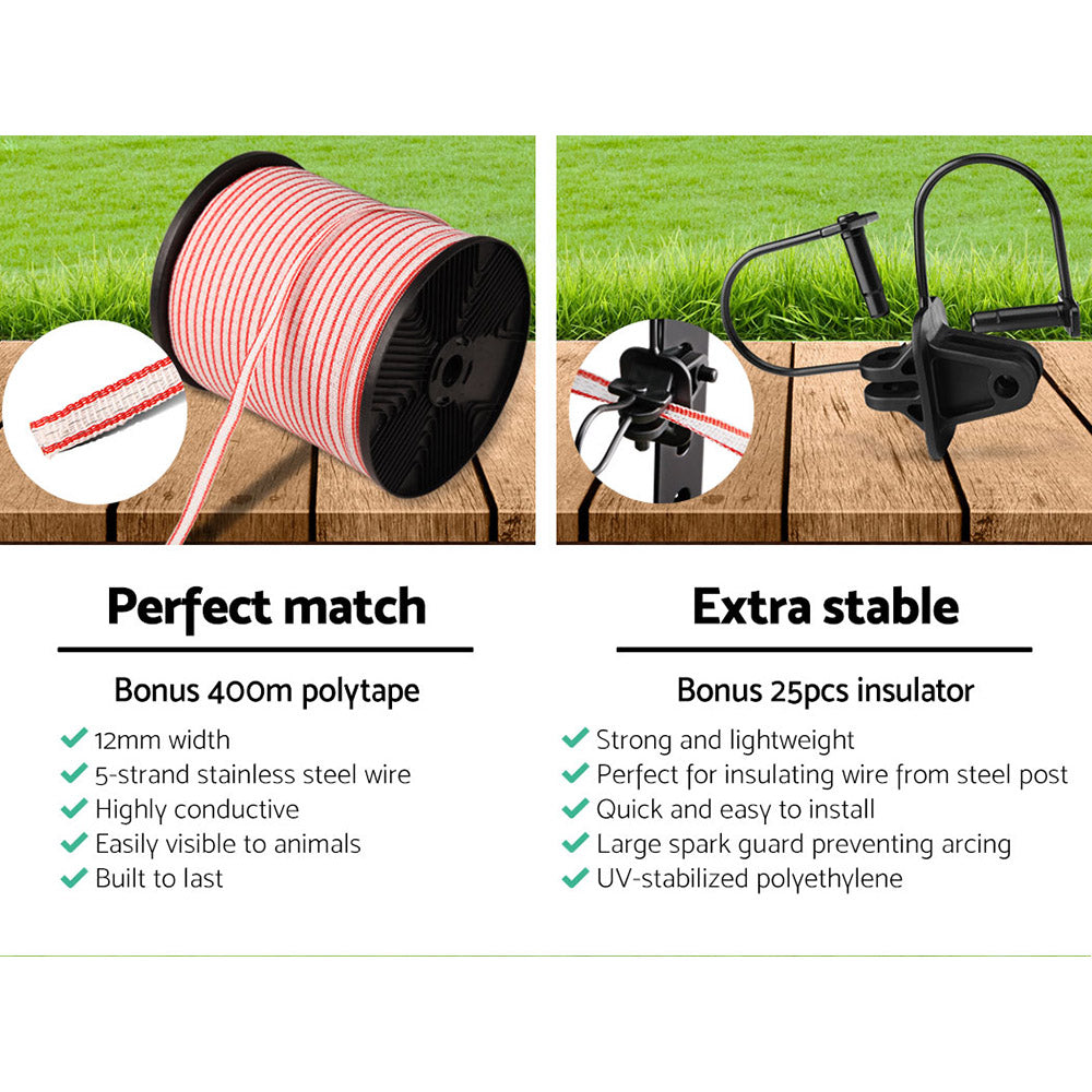 Fencing: Giantz Fence Energiser 5KM Solar Powered Electric 400M Poly Tape Insulator