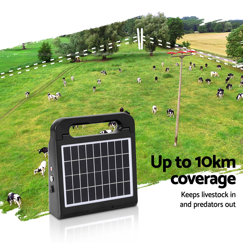 Fence & Gate Accessories: Giantz 10km Electric Fence Energiser Solar Energizer Charger Farm Animal 0.3J