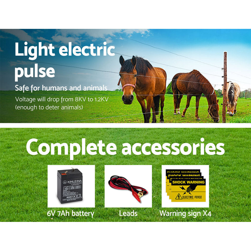 Fencing: Giantz Fence Energiser 8KM Solar Powered 0.3J Electric Fencing Charger