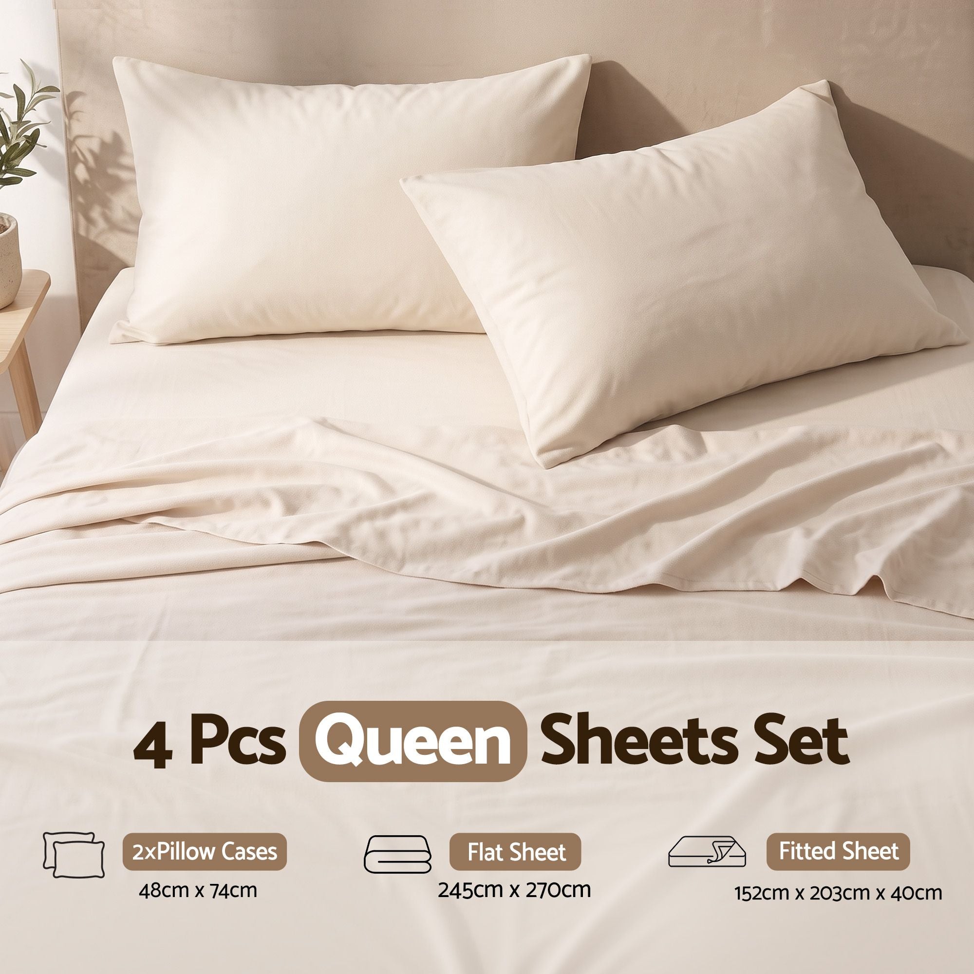 Giselle Queen Sheet Set 150 GSM Anti-pilling Micro Flannel, Fast Drying Lightweight 4 Piece, 40CM Deep Pocket Fits Thick Mattress, Cream White