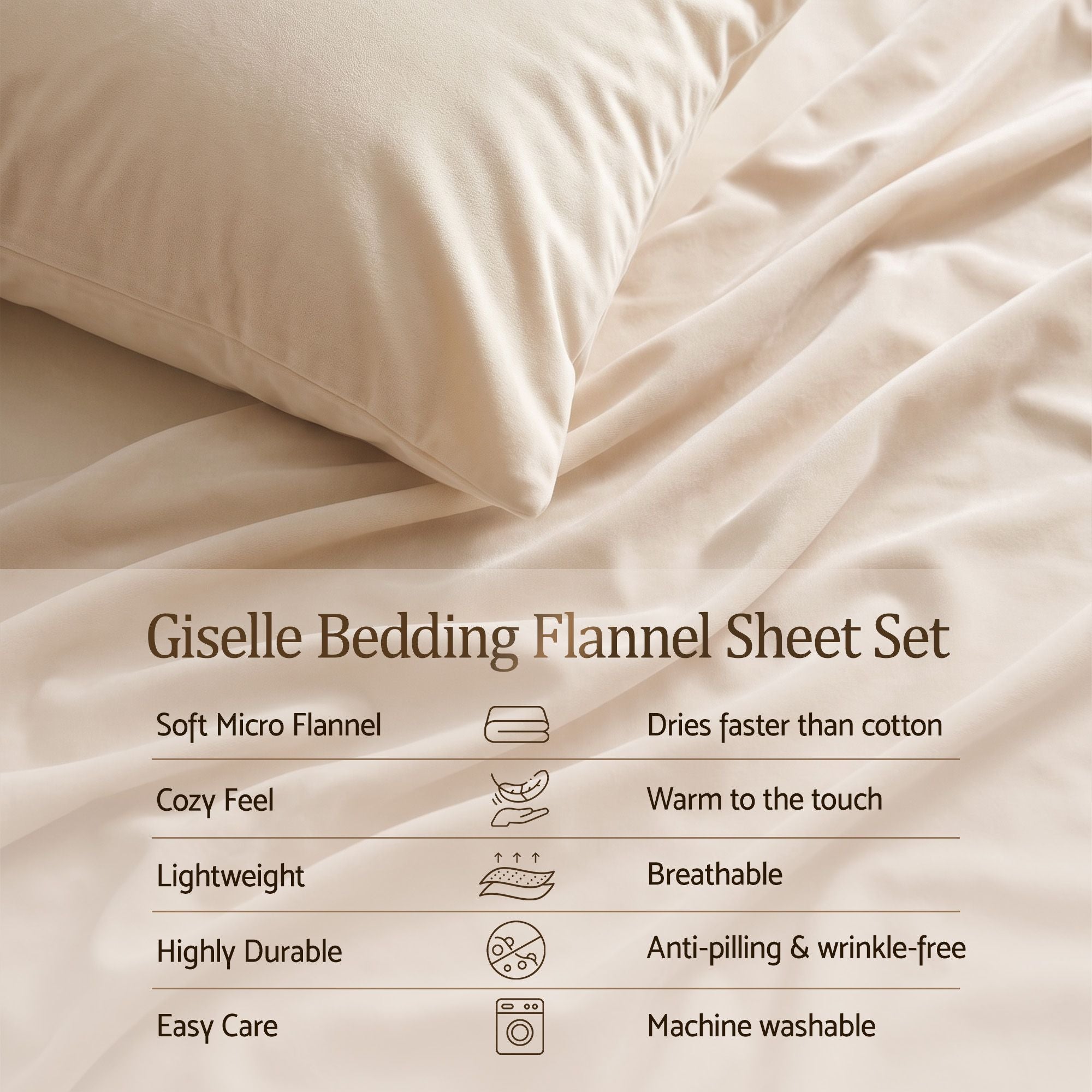 Giselle Queen Sheet Set 150 GSM Anti-pilling Micro Flannel, Fast Drying Lightweight 4 Piece, 40CM Deep Pocket Fits Thick Mattress, Cream White